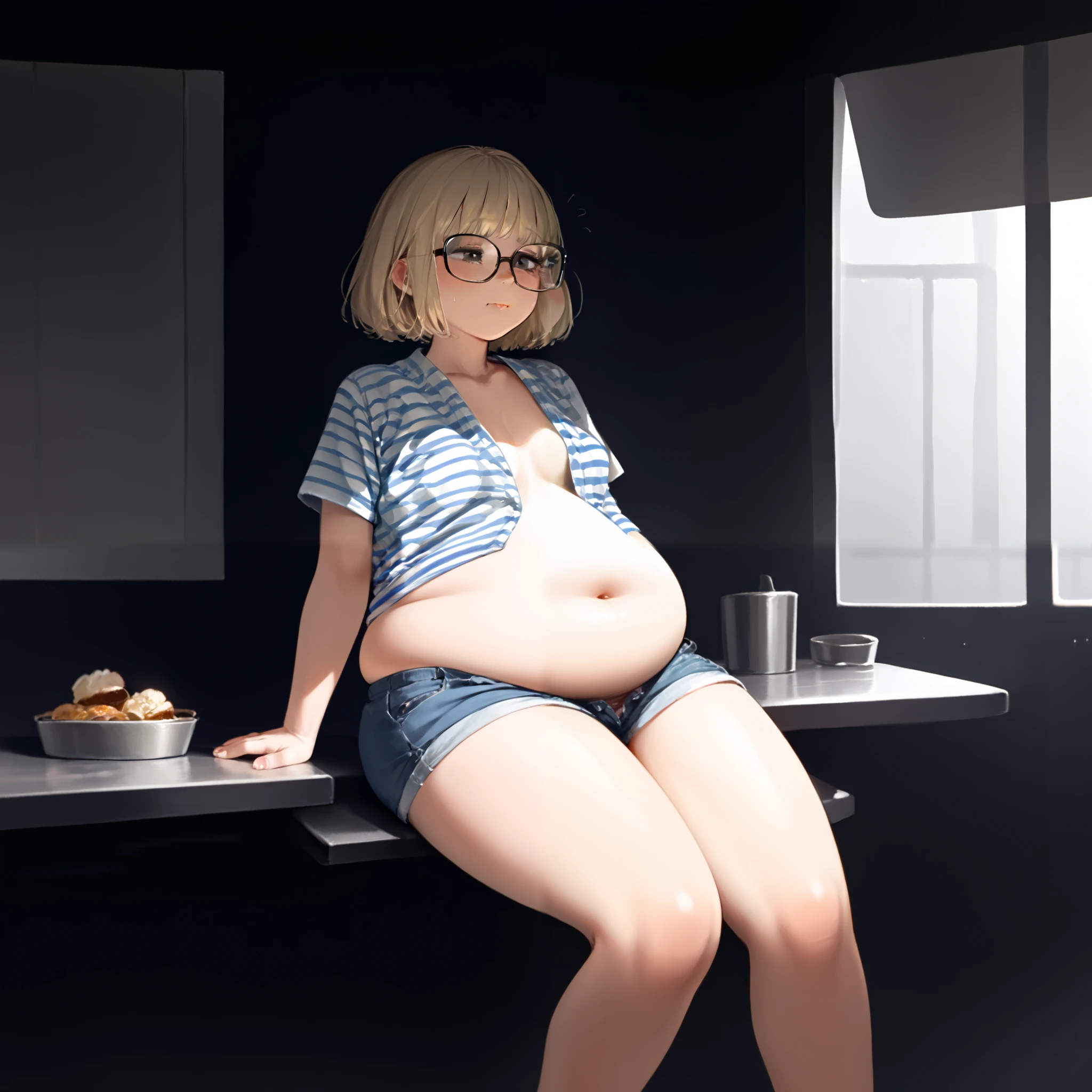 (flat:1.5),(cafe, window, sunlight, table, chair, sedentary:1.5) (big ass, thick thighs:0.7), (warm light source:1.2), intricate details, volumetric lighting, Realism BREAK(masterpiece:1.2), (top quality), 4K, ultra detail, (Dynamic configuration:1.4), Very detailed and colorful details,(rainbow colors:1.2), (shining lights, atmospheric lighting), dreamy, magical, (alone:1.2), intricate details, cheeky expression, (big breasts:1.5), (green eyes:1.5), (a devastated expression, dead eyes, dark atmosphere:1.5), (darker green hair:1.5), (shoes, dress shirt, Small hat,Small and tight denim shorts:1.5), (chubby, Belly Fat:1.5), (beautiful eyes, flushing:1.5),(human ear,thin legs:1.5),(chair에 sedentary, diagonal shot:1.5), (embarrassing:1.5),(diagonal shot:1.5)