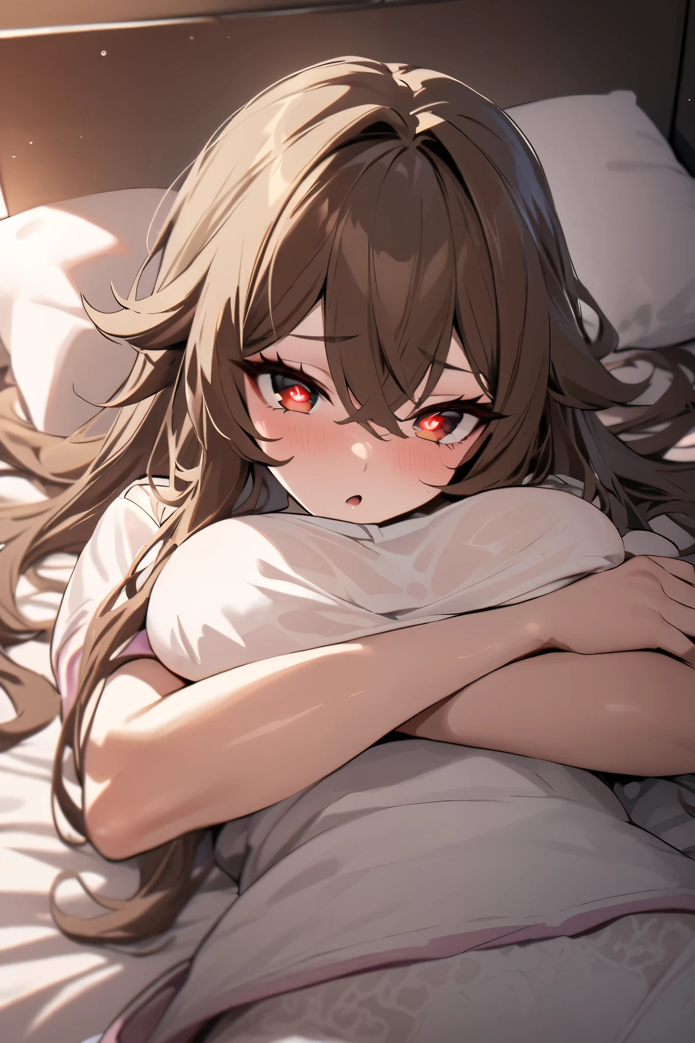 NSFW,masterpiece, top quality , high res, very detailed,Futao\(Genshin Impact\)、 long hair、bangs、Brown Hair、Red Eye、 hair between eyes、 twin tails、side lock、 symbol shaped pupil , Love Hotel , bedroom, is lying down, raises arms