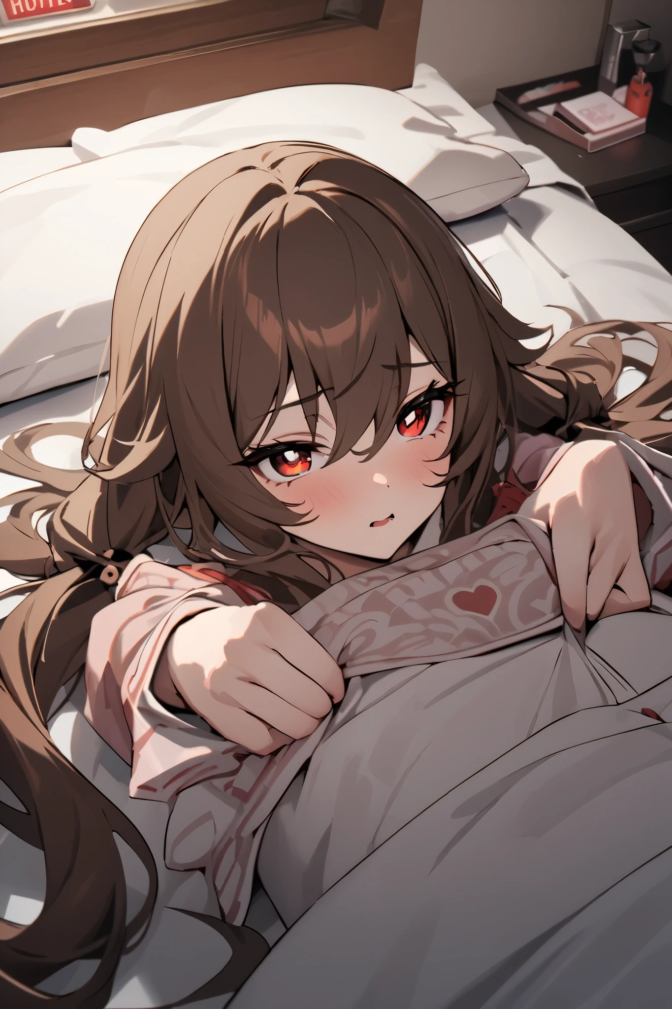 NSFW,masterpiece, top quality , high res, very detailed,Futao\(Genshin Impact\)、 long hair、bangs、Brown Hair、Red Eye、 hair between eyes、 twin tails、side lock、 symbol shaped pupil , Love Hotel , bedroom, is lying down, raises arms