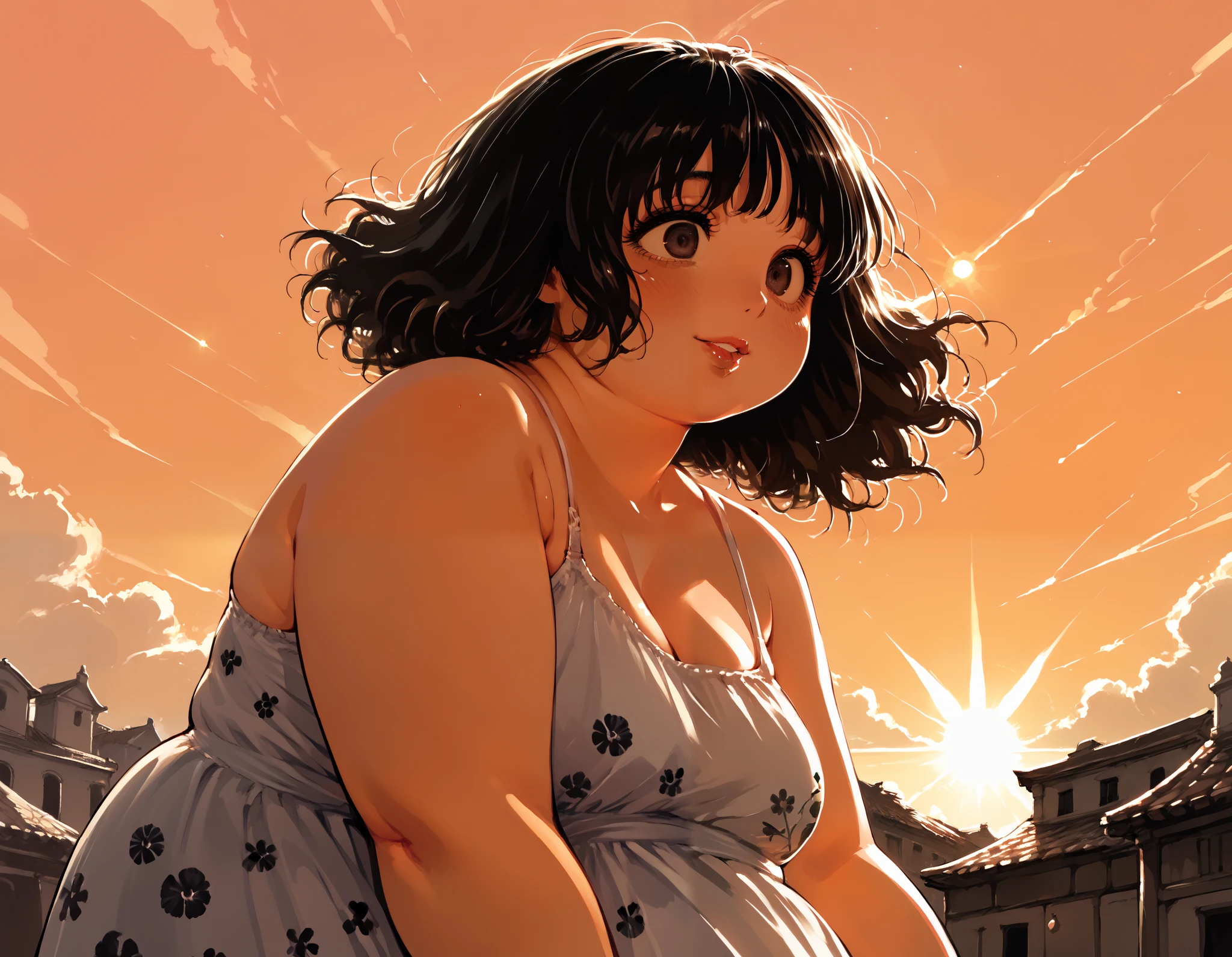 score_9, Score_8_up, Score_7,detailed, manga art, hirune style, fat girl, double chin, fat face, 1girl, ,lip ring, small eye bags, italian woman, curly thick hair, black hair, bright eyes, eyes, , vintage 1990s floral sundress, ((awestruck and sublime beauty and cute)), (extremely large lower lip), short dress, close up, (backround is a greek town, beautiful, sunset, sunlight, golden hour), ,nude dress