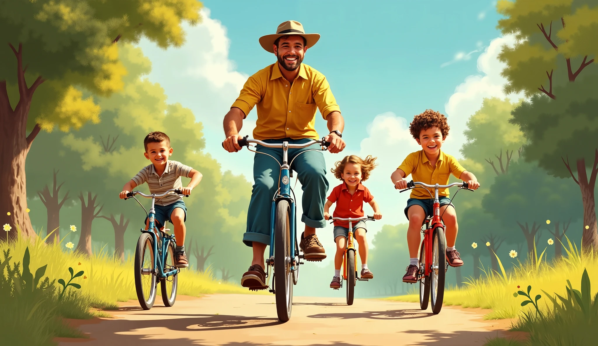 Happy Father's Day image with 3 kids and their dad on a bike