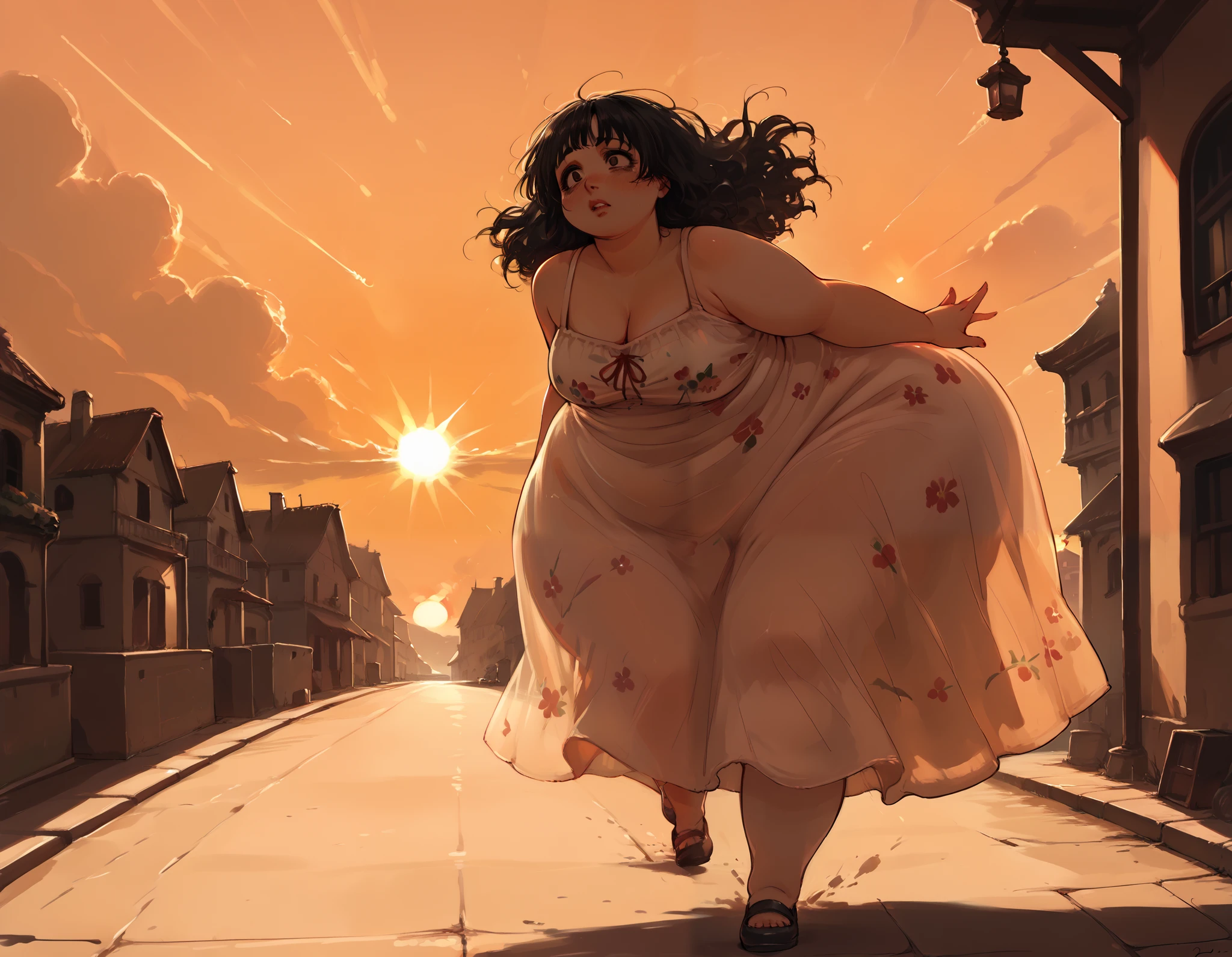 score_9, Score_8_up, Score_7,detailed, manga art, hirune style, fat girl, double chin, fat face, 1girl, ,lip ring, small eye bags, italian woman, curly thick hair, black hair, bright eyes, eyes, , vintage 1990s floral sundress, ((exhausted and running)), (extremely large lower lip), short dress, close up, (backround is a greek town, beautiful, sunset, sunlight, golden hour), ,nude dress, (action shot)