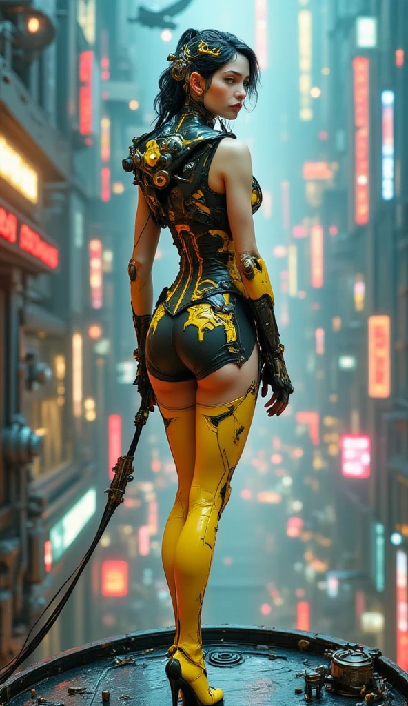 (best quality, 128k,highres,masterpiece:1.2),ultra-detailed,(realistic,photorealistic,photo-realistic:1.37), ((masterpiece)) ((photography)) ((Highest quality))  a confident steampunk woman perched on an aerial platform, overlooking a majestic futuristic steampunk city. She wears a flowing short dress with yellow and black patterns, elegant yellow stockings, and refined high heels. Her piercing gaze and slight smile exude mystery and power. In the background, a towering mechanical spire, floating airships, and gothic industrial architecture bathed in golden light complete the scene, creating a striking retro-futuristic atmosphere.