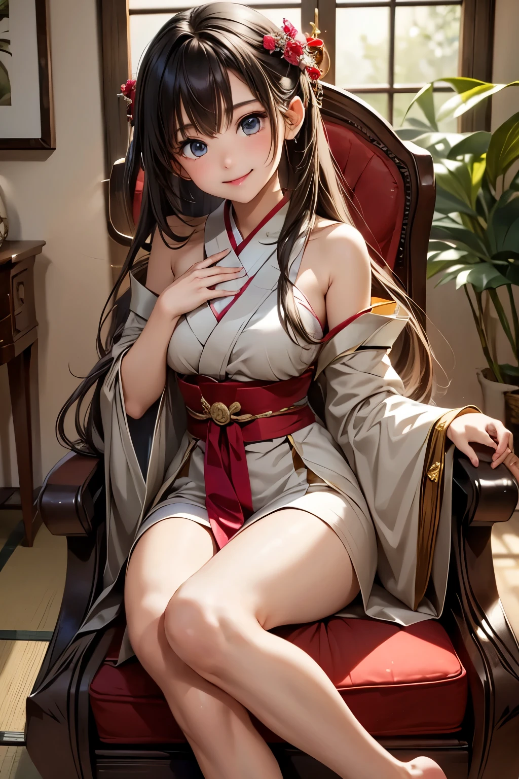 (masterpiece, best quality, ultra detailed, high resolution, absurdres:1.4), (shiny black hair, twin-buns style, smooth and white shiny skins:1.2), (super fine illustration, extremely detailed CG unity 8k wallpaper), 1girl, extremely cute and beautiful girl. slender, abs, medium breasts, red, gold, BREAK, (lace), (single fishnet legwear, single garter strap, cross-laced sleeves, cross-laced clothes:1.2), heart, collar, ribbon choker, ear piercing, BREAK, Japanese kimono, gothic Lolita, knee-length skirt, BREAK, background is Japanese hotel in the night, ryokan, wasitu background, light grin smile, sitting, wariza, hands on between legs, ufotable style, anime screen cap, pink lipstick, perfect anatomy, perfect proportion, beautiful detailed face,