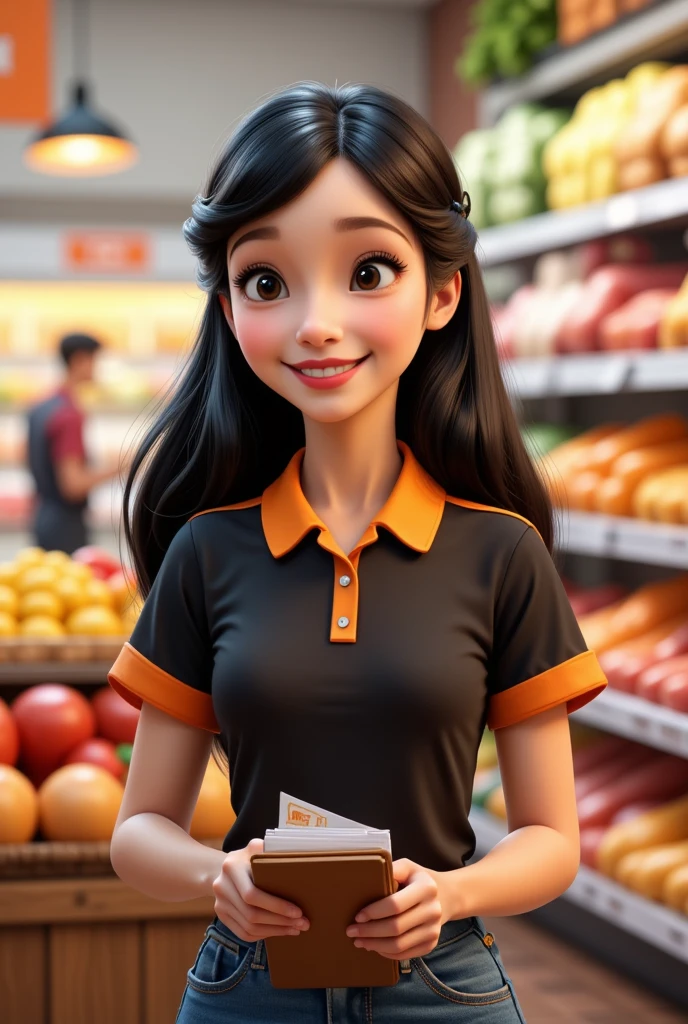 A PIXAR STYLER 3D. CREATE A FEMALE DISNEYSTYLE CHARACTER WITH LONG BLACK HAIR SPLIT IN HALF. WEARING A BLACK ORANGE COLLAR T-SHIRT .  SHE WORKS IN A SUPERMARKET AND IS HOLDING A NOTEBOOK.