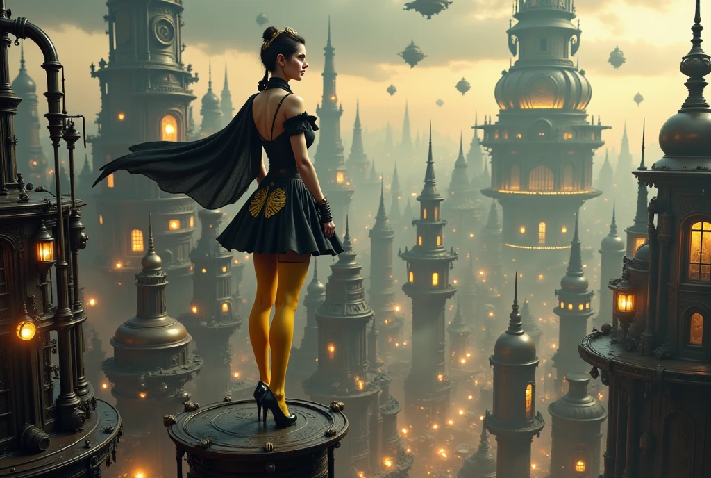 (best quality, 128k,highres,masterpiece:1.2),ultra-detailed,(realistic,photorealistic,photo-realistic:1.37), ((masterpiece)) ((photography)) ((Highest quality))  a confident steampunk woman perched on an aerial platform, overlooking a majestic futuristic steampunk city. She wears a flowing short dress with yellow and black patterns, elegant yellow stockings, and refined high heels. Her piercing gaze and slight smile exude mystery and power. In the background, a towering mechanical spire, floating airships, and gothic industrial architecture bathed in golden light complete the scene, creating a striking retro-futuristic atmosphere.