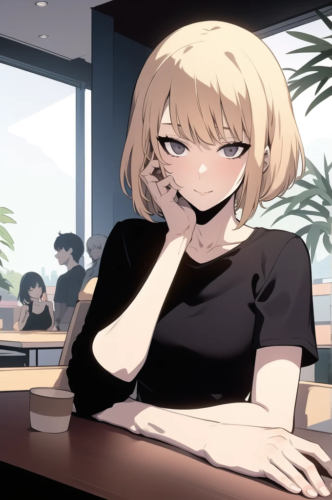 ((masterpiece:1.2, best quality)), 1girl, short hair, blonde hair, upper body, looking at viewer, pants, plants, daytime, korean streetwear, cafe, sitting at a table, casual style, cyberpunk style, (black shirt:1.3), beige checkered skirt, casual wear, white sneaker, people in background, highly-detailed, perfect face, dynamic pose, 