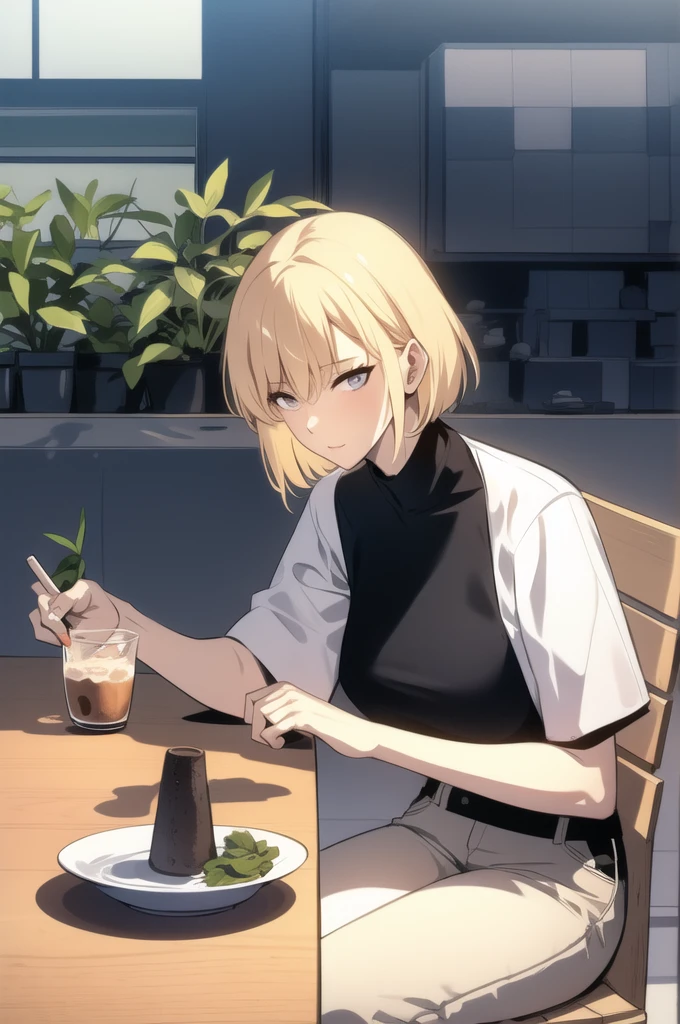 ((masterpiece:1.2, best quality)), 1girl, short hair, blonde hair, upper body, looking at viewer, pants, plants, daytime, korean streetwear, cafe, sitting at a table, casual style, cyberpunk style, (black shirt:1.3), beige checkered skirt, casual wear, white sneaker, people in background, highly-detailed, perfect face, dynamic pose, 