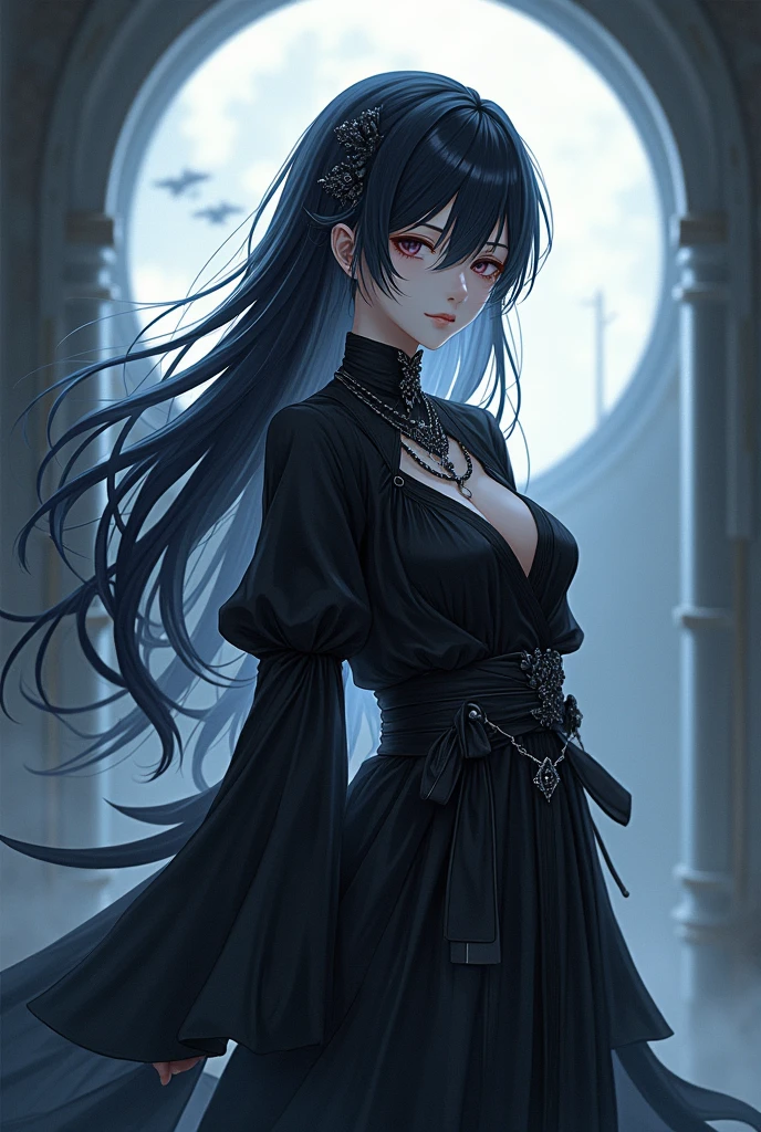 ultra detali,(best qualityer),((work of art)),(high resolution),original, A beautiful woman with long black hair, Bblack hair lisos, Bblack hair, blindfolded ,black veil, She wears long, flowing garments made from a dark fabric that absorbs light and blends into the shadows around her., Your presence exudes an ethereal and cold aura, representing the transition between life and death, high qualiy, standing, flying