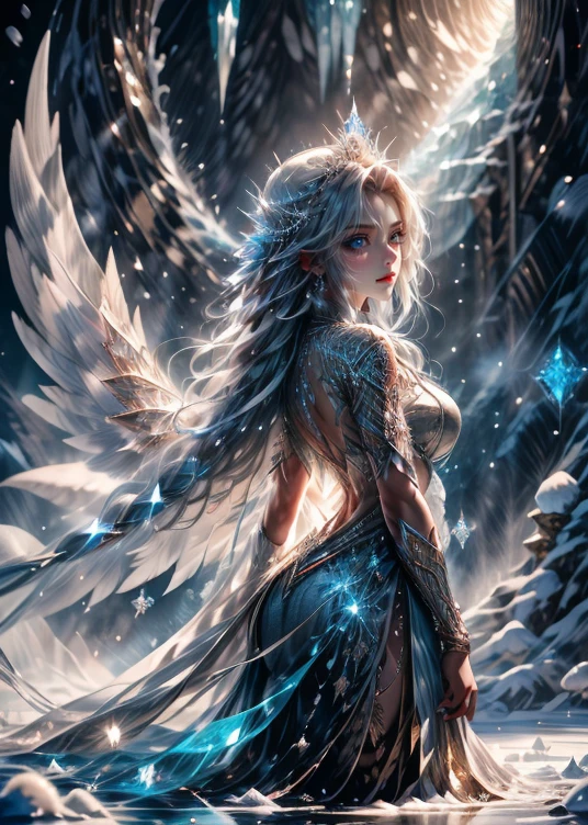 
A stunning celestial being with an ethereal presence, she radiates an aura of serene power. Her long, flowing white hair cascades like a waterfall of pure light, shimmering as it moves with an otherworldly grace. Her cold blue eyes, like frozen sapphires, pierce through the world with an icy calm, yet their depth hints at a hidden, untold wisdom. Her wings, long and pure as driven snow, stretch gracefully from her back, glowing faintly with an icy aura. She commands the elements effortlessly, her control over ice being unmatched—creating towering glaciers, freezing storms, and delicate frost patterns with a mere thought. But her power does not stop there; she bends the winds, commands the flames, and shapes the earth, yet always with a touch of cold precision. Her beauty is both captivating and intimidating, as her presence hints at the depth of her celestial authority and the chilling force she can unleash upon the world