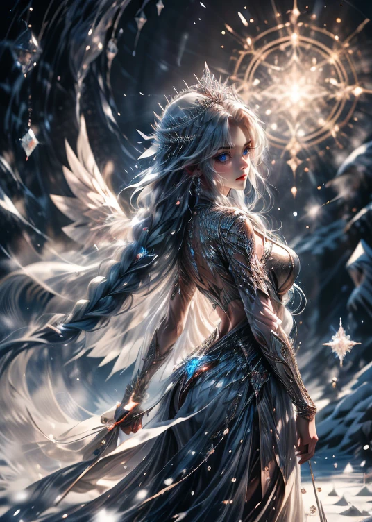 
A stunning celestial being with an ethereal presence, she radiates an aura of serene power. Her long, flowing white hair cascades like a waterfall of pure light, shimmering as it moves with an otherworldly grace. Her cold blue eyes, like frozen sapphires, pierce through the world with an icy calm, yet their depth hints at a hidden, untold wisdom. Her wings, long and pure as driven snow, stretch gracefully from her back, glowing faintly with an icy aura. She commands the elements effortlessly, her control over ice being unmatched—creating towering glaciers, freezing storms, and delicate frost patterns with a mere thought. But her power does not stop there; she bends the winds, commands the flames, and shapes the earth, yet always with a touch of cold precision. Her beauty is both captivating and intimidating, as her presence hints at the depth of her celestial authority and the chilling force she can unleash upon the world