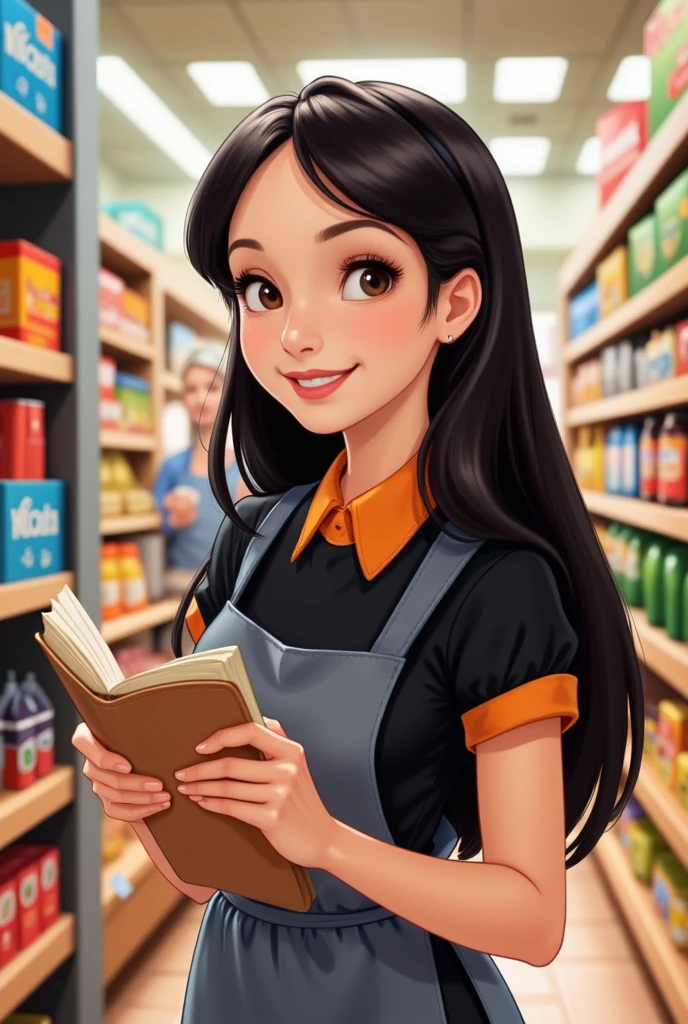 CREATE A FEMALE DISNEYSTYLE CHARACTER WITH LONG BLACK HAIR SPLIT IN HALF.  long face.  brown-eyed  ,WEARING A BLACK ORANGE COLLAR T-SHIRT .  SHE WORKS IN A SUPERMARKET AND IS HOLDING A NOTEBOOK.