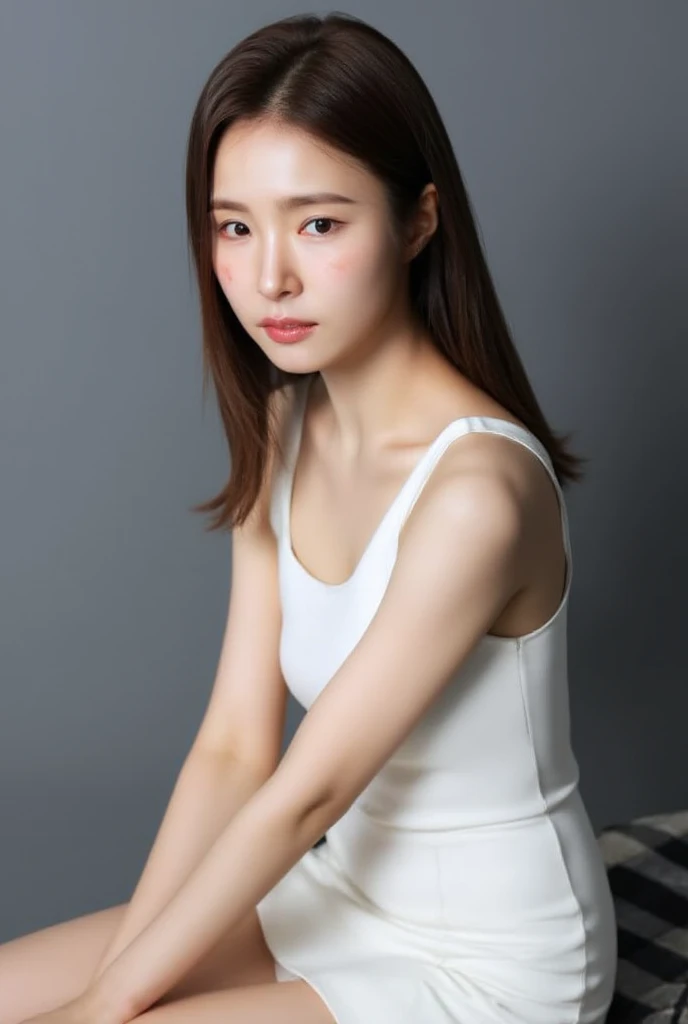 beautiful asian girl , wearing white sleeveless dress, short dress, gray background, overexposed, studio lighting, high quality, film grain, light reflections, blood vessels, pale skin, skin pores, blood vessels in sclera, detailed skin, beauty spots, skin fuzz, full body, (looking at viewer, crouching looking above to the viewer), kneeling, close up from above, close up face, dynamic angle 