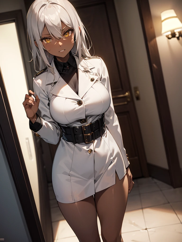 (​masterpiece、top-quality、hight resolution、Unity 8k、extremely details CG:1,Best Picture),  (Prostitute, big breasts), ramlethalms, 1girl, Grey hair, yellow eyes,((((dark skin)))), A seductive prostitute standing confidently in a private room at night, dressed in an elegant lingerie set with a long coat just opened to reveal her outfit to the client. Her expression is playful and smug, as if teasing the client for being surprised by her bold attire, saying, "You requested this outfit, didn't you?" The client’s perspective adds to the intensity of the scene, focusing on her composed yet mischievous demeanor. The room is warm and softly lit, with subtle luxurious touches that highlight her figure and the confident unveiling of her appearance. grin
