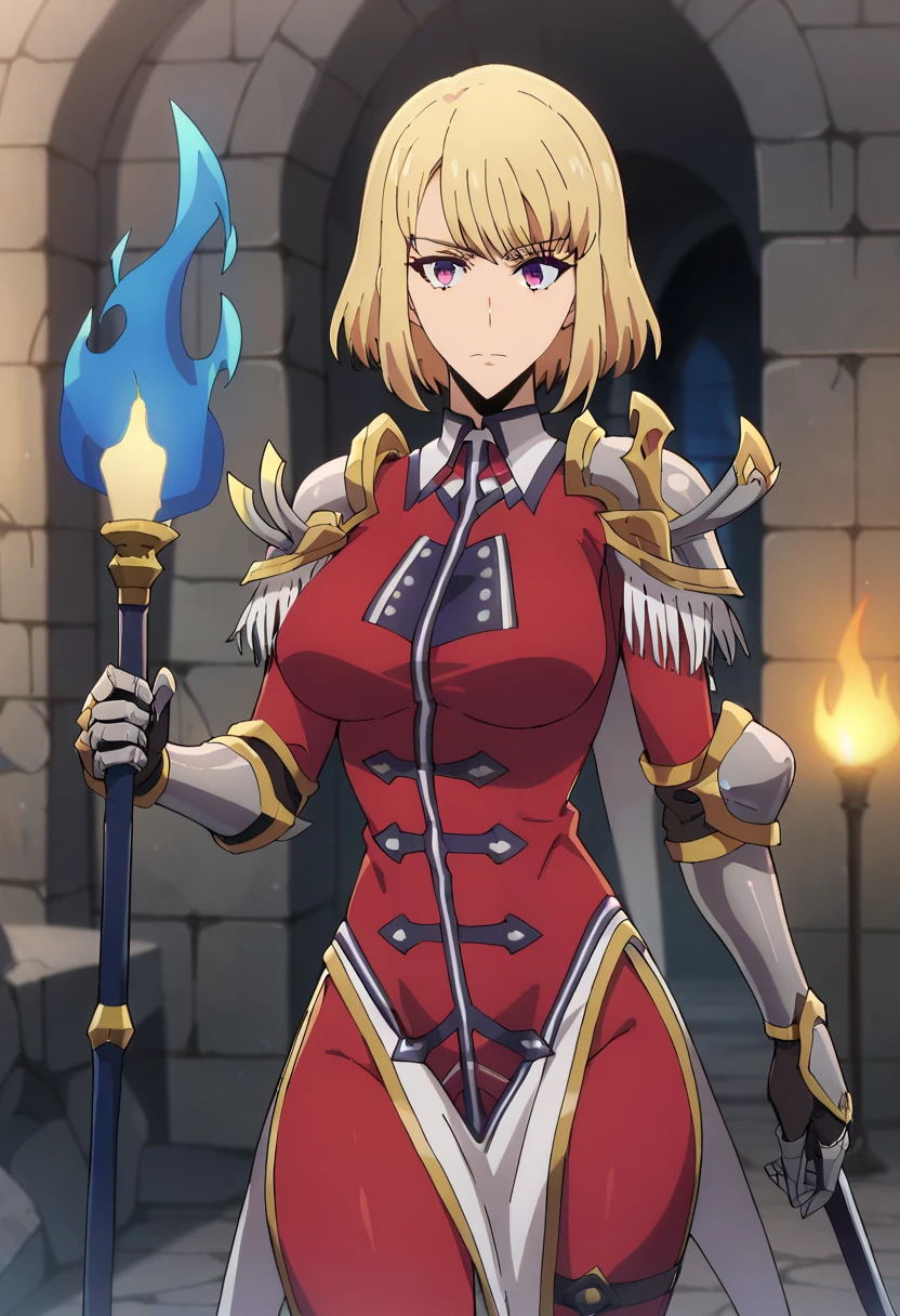 score_9, score_8_up, score_7_up,
ChaHaeInSL,
1girl, solo, closed mouth,
blonde hair, medium hair, purple eyes,
ChaHaeInArmor, red bodysuit, shoulder armor, gauntlets, military, pelvic curtain, holding sword,
(standing:1.2), looking at the viewer, thigh gap,
indoors, dungeon, stone wall, wall, stone, blurry background, (blue fire, torch:1.2)