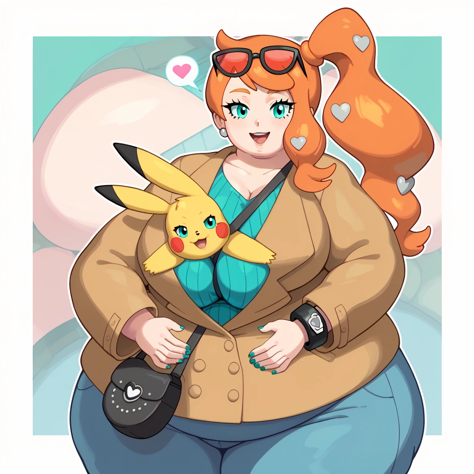 score_9, score_7_up BREAK solo,EPpkSonia,orange hair, side ponytail, aqua eyes, long hair, eyewear on head, sunglasses, heart hair ornament,ribbed shirt, aqua shirt, brown coat, strap between breasts, obese, cleavage, bracelet, collarbone, blue pants, shoulder bag, long sleeves, nail polish, aqua nails,pikachu,pokemon \(creature\),hugging,happy 