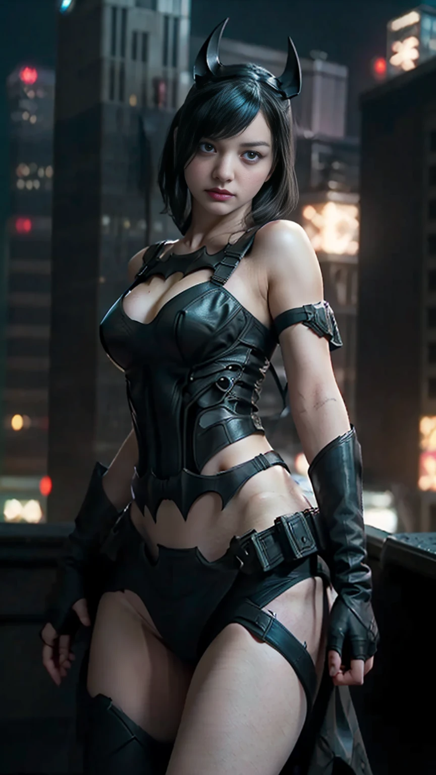 ((masterpiece, highest quality, High resolution, Realistic, to be born, 8k wallpaper)), (Huge and stunning goddess shot, Very hot and sexy,(( Ready Pose)),A menacing posture and a sharp gaze,Amazing beauty, perfect balance, Beautiful body, Slim body beauty: 1.4), Batman standing on a rooftop overlooking the city skyline at night, Gotham city background, nighttime in Gotham city, Gotham city, Batman movie from, Gotham city double exposure, Gotham city style, Batman film still, metropolis filmic Gotham city, Cyberpunk Batman, Batman movie stills, Batman movie still cinematic, Gotham setting, batman, Gotham,