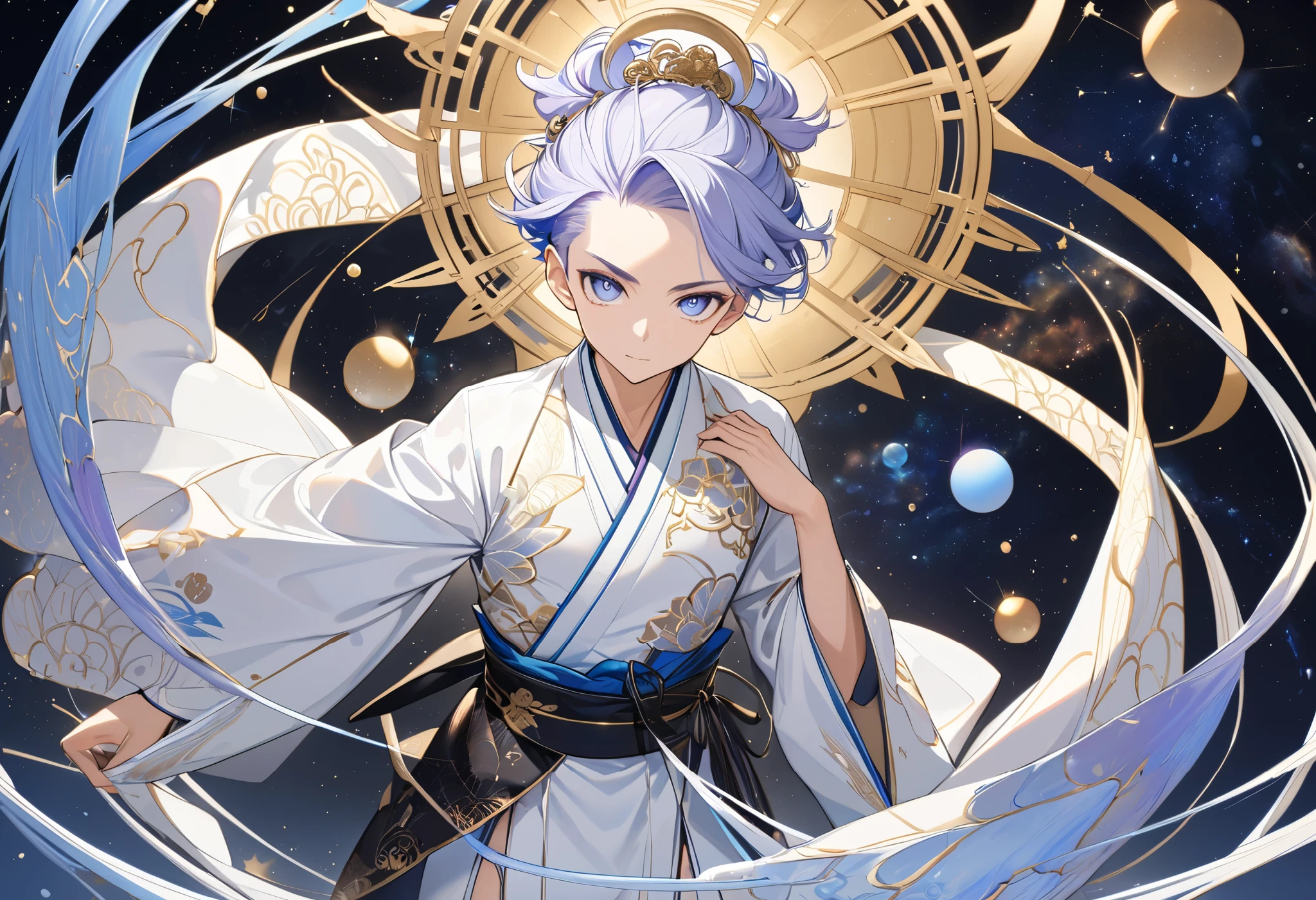 Fresh illustration,
Ultra-fine drawing,
Very delicate illustration,
Very fine details,
One boy,
Full body,
Height 158cm,
Fair skin,
Right eye is purple,
Left eye is blue,
Odd eyes,
Heterochromie iris,
Beautiful eyes,
Large black pupils,
Cleanly cut hairstyle,
Slicked back hairstyle,
Short hair,
Shiny hair,
Blue at the base of the paper and white elsewhere,
Hair with a gradient,
Forehead is exposed,
Cute face,
Pretty face,
A shining angel halo on the back of the head,
Raised eyebrows,
Upper body in kimono,
Upper body in Japanese clothing,
Masculine build,
Six pack,
Very small breasts,
No breasts,
Lower body in Chinese dress,
Black obi,
Overall white clothes,
Tasteful embroidery with gold thread,
Clothes with a high-quality texture ,
Jock strap,
Thigh strap,
Thigh strap digging into skin,
White long boots,
Japanese style toe,
Five fingers on hands and feet,
Thin waist,
Thin legs,
Isometric,
Golden ratio,
Divine atmosphere,
Wearing an indigo-colored stand-up collared inner,
Outer space,
Galaxy,
Countless small stars,
Tactical use of shadows,
Free pose,
Sexy pose,
Exposing skin,
Erotic pose,
Adult pose,
Lewd appearance,
Looking at camera,
Buttocks facing camera,
Pervert,
See-through clothes,
Masochistic pose,