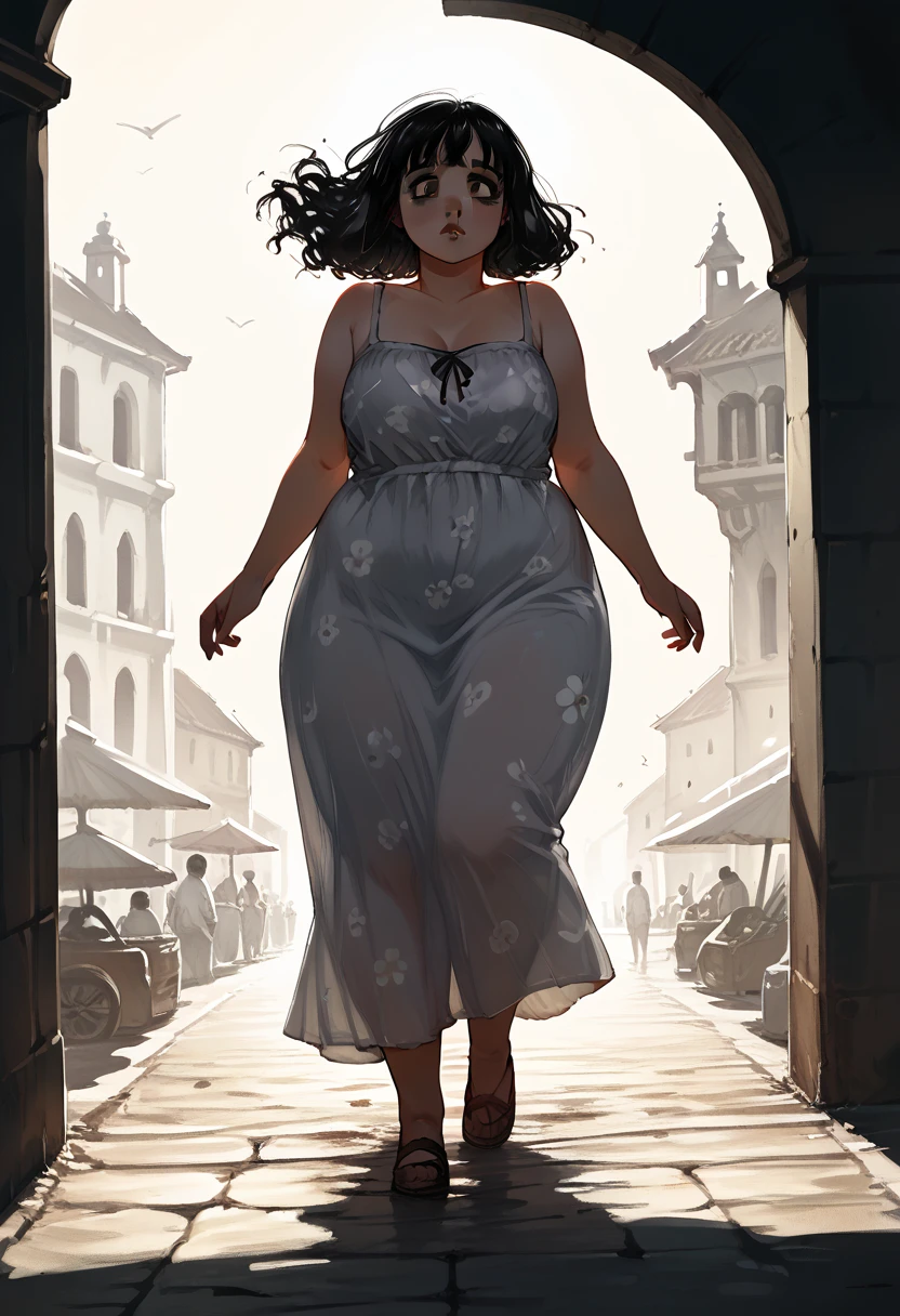 score_9, Score_8_up, Score_7,detailed, manga art, hirune style, fat girl, double chin, fat face, 1girl, ,lip ring, small eye bags, italian woman, curly thick hair, black hair, bright eyes, eyes, , vintage 1990s floral sundress, ((exhausted and running)), (extremely large lower lip), short dress, close up, (backround is a greek town, beautiful, bright sunlight), ,nude dress, (action shot), ((vivid and bright colors))