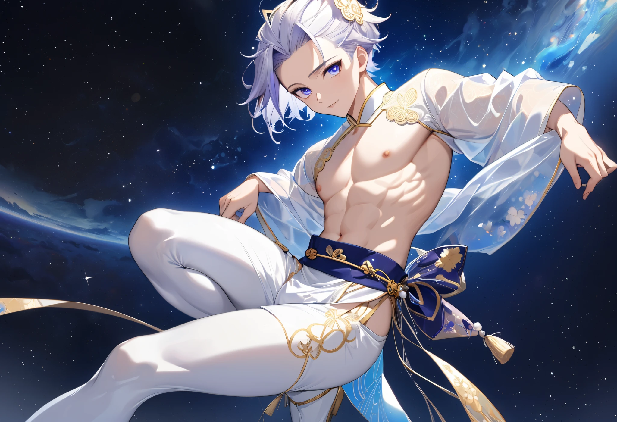 Fresh illustration,
Ultra-fine drawing,
Very delicate illustration,
Very fine details,
One boy,
Full body,
Height 158cm,
Fair skin,
Right eye is purple,
Left eye is blue,
Odd eyes,
Heterochromie iris,
Beautiful eyes,
Large black pupils,
Cleanly cut hairstyle,
Slicked back hairstyle,
Short hair,
Shiny hair,
Blue at the base of the paper and white elsewhere,
Hair with a gradient,
Forehead is exposed,
Cute face,
Pretty face,
A shining angel halo on the back of the head,
Raised eyebrows,
Upper body in kimono,
Upper body in Japanese clothing,
Masculine build,
Six pack,
Very small breasts,
No breasts,
Lower body in Chinese dress,
Black obi,
Overall white clothes,
Tasteful embroidery with gold thread,
Clothes with a high-quality texture ,
Jock strap,
Thigh strap,
Thigh strap digging into skin,
White long boots,
Japanese style toe,
Five fingers on hands and feet,
Thin waist,
Thin legs,
Isometric,
Golden ratio,
Divine atmosphere,
Wearing an indigo-colored stand-up collared inner,
Outer space,
Galaxy,
Countless small stars,
Tactical use of shadows,
Free pose,
Sexy pose,
Exposing skin,
Erotic pose,
Adult pose,
Lewd appearance,
Looking at camera,
Buttocks facing camera,
Pervert,
See-through clothes,
Masochistic pose,