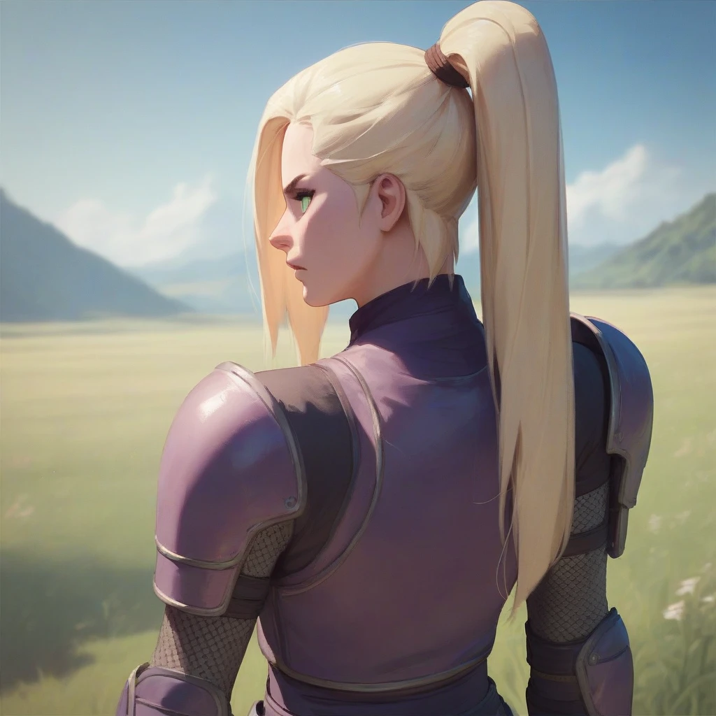 A long blonde ponytail hairstyle girl with light green eyes, tall, slender, curvaceous body wearing a purple female ninja armor in the field