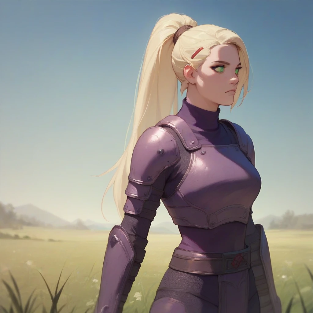 A long blonde ponytail hairstyle girl with light green eyes, tall, slender, curvaceous body wearing a purple female ninja armor in the field