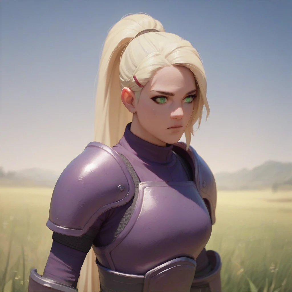 A long blonde ponytail hairstyle girl with light green eyes, tall, slender, curvaceous body wearing a purple female ninja armor in the field