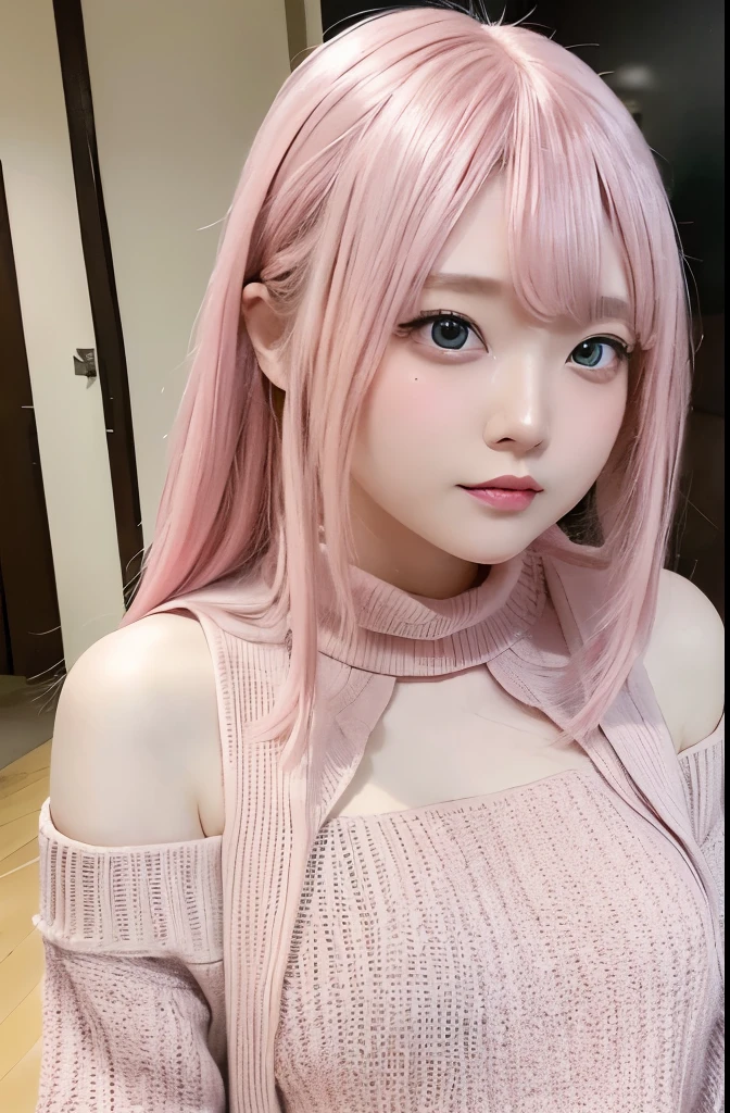 Beautiful woman with perfect figure:1.4,Layered Hair Style,potruding nipple:1.2,blue sweater,Highly Detailed Face and Skin Textur,double eyelid,Whitening Skin,Long pink hair