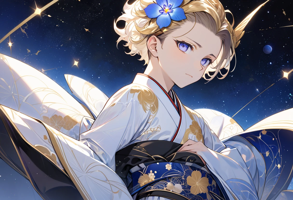 Fresh illustration,
Ultra-fine drawing,
Very delicate illustration,
Very fine details,
One boy,
Full body,
Height 158cm,
Fair skin,
Right eye is purple,
Left eye is blue,
Odd eyes,
Heterochromie iris,
Beautiful eyes,
Large black pupils,
Cleanly cut hairstyle,
Slicked back hairstyle,
Short hair,
Shiny hair,
Blue at the base of the paper and white elsewhere,
Hair with a gradient,
Forehead is exposed,
Cute face,
Pretty face,
A shining angel halo on the back of the head,
Raised eyebrows,
Upper body in kimono,
Upper body in Japanese clothing,
Masculine build,
Six pack,
Very small breasts,
No breasts,
Lower body in Chinese dress,
Black obi,
Overall white clothes,
Tasteful embroidery with gold thread,
Clothes with a high-quality texture ,
Jock strap,
Thigh strap,
Thigh strap digging into skin,
White long boots,
Japanese style toe,
Five fingers on hands and feet,
Thin waist,
Thin legs,
Isometric,
Golden ratio,
Divine atmosphere,
Wearing an indigo-colored stand-up collared inner,
Outer space,
Galaxy,
Countless small stars,
Tactical use of shadows,
Free pose,
Sexy pose,
Exposing skin,
Erotic pose,
Adult pose,
Lewd appearance,
Looking at camera,
Buttocks facing camera,
Pervert,
See-through clothes,
Masochistic pose