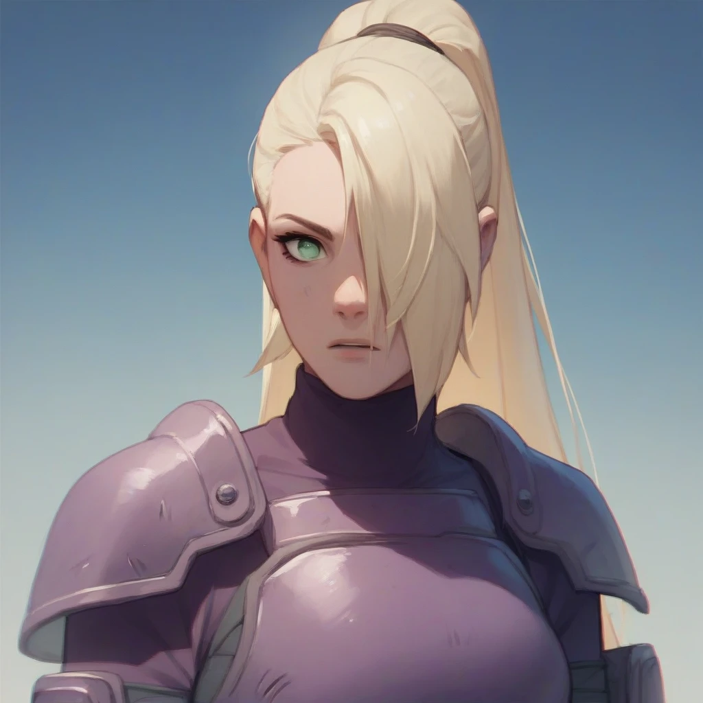 A long blonde ponytail hairstyle girl with light green eyes, tall, slender, curvaceous body, hair over one eye,  wearing a purple female ninja armor on the battlefield