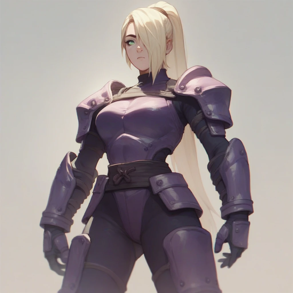 A long blonde ponytail hairstyle girl with light green eyes, tall, slender, curvaceous body, hair over one eye,  wearing a purple female ninja armor on the battlefield