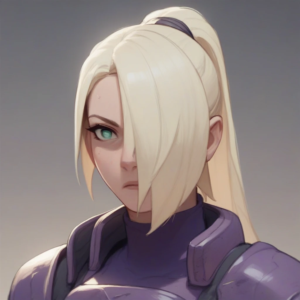 A long blonde ponytail hairstyle girl with light green eyes, tall, slender, curvaceous body, hair over one eye,  wearing a purple female ninja armor on the battlefield