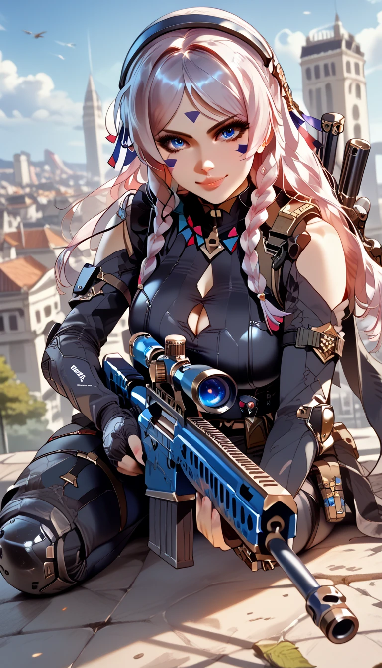 ultra-detailed, 1girl, citlali, ((masterpiece)), (best quality), (highres), 16K, twin braids, facial mark, long hair, blue eyes, wearing tactical clothes, tactical belt, black thong, knee pads, busty body, large breasts and a beautiful ass, showcasing cleavage, legs, hips, (holding Sniper Rifle), looking at viewer, smile, detailed face, detailed hair, detailed full body, rooftop background