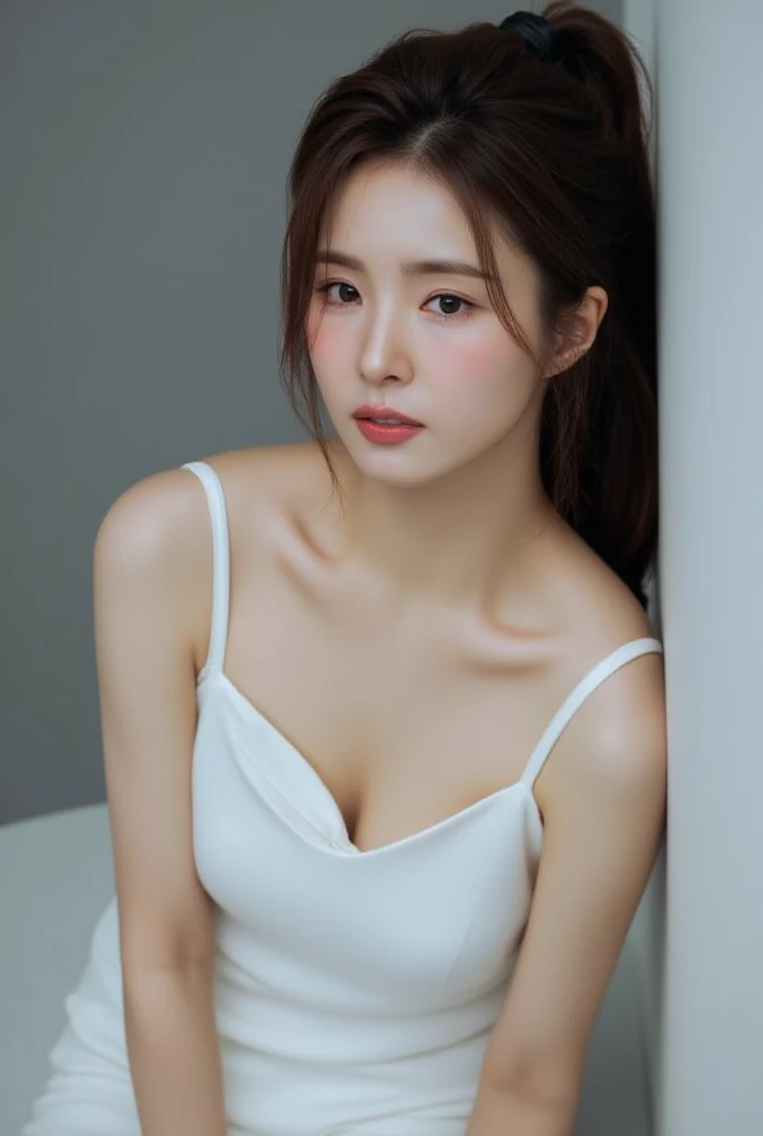 beautiful asian girl , wearing white sleeveless dress, short dress, gray background, overexposed, studio lighting, high quality, film grain, light reflections, blood vessels, pale skin, skin pores, blood vessels in sclera, detailed skin, beauty spots, skin fuzz, full body, (looking at viewer, crouching looking above to the viewer), kneeling, close up from above, close up face, dynamic angle 