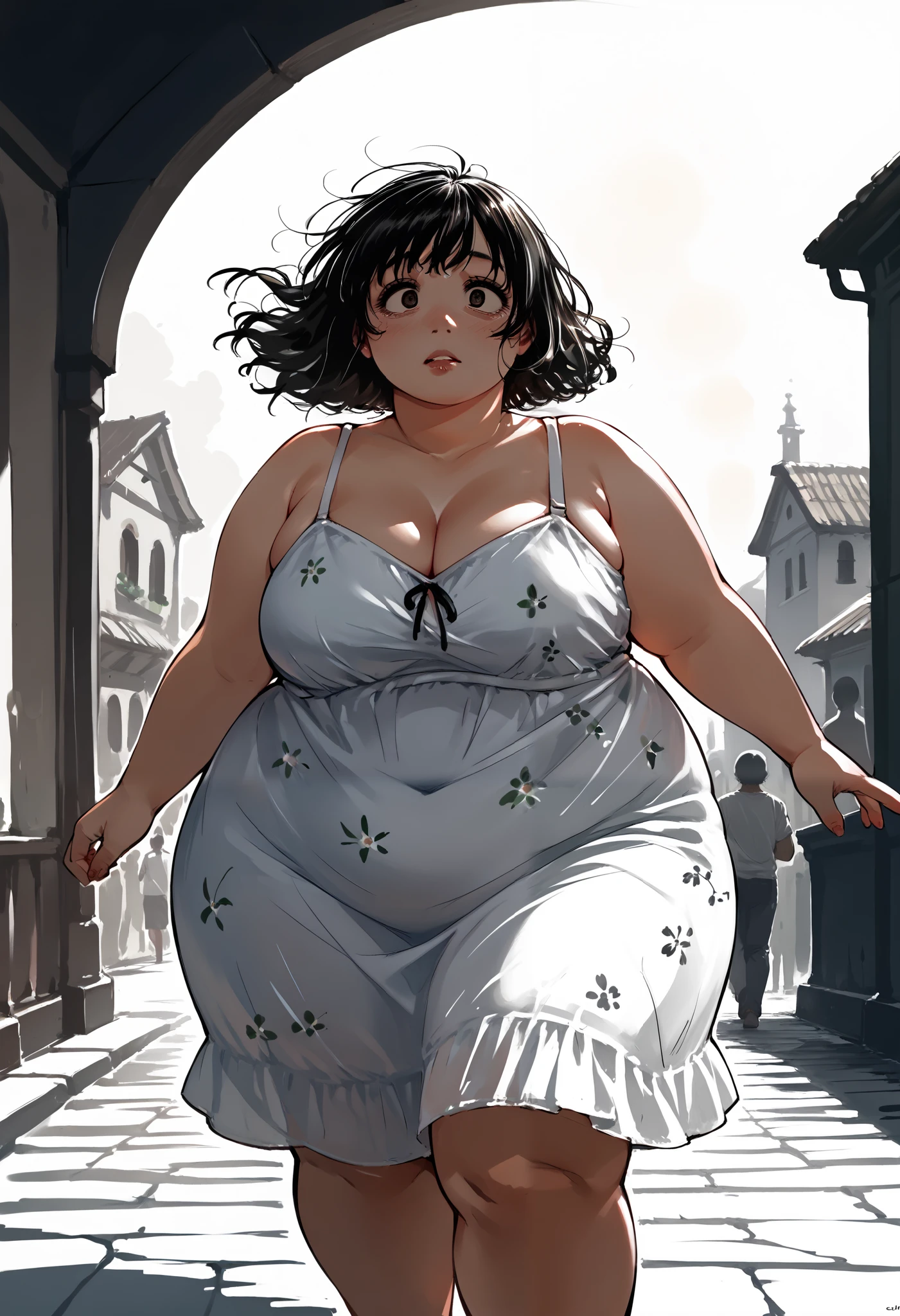 score_9, Score_8_up, Score_7,detailed, manga art, hirune style, fat girl, double chin, fat face, 1girl, ,lip ring, small eye bags, italian woman, curly thick hair, black hair, bright eyes, eyes, , vintage 1990s floral sundress, ((exhausted and running)), (extremely large lower lip), short dress, close up, (backround is a greek town, beautiful, bright sunlight), ,nude dress, (action shot), ((vivid and bright colors))