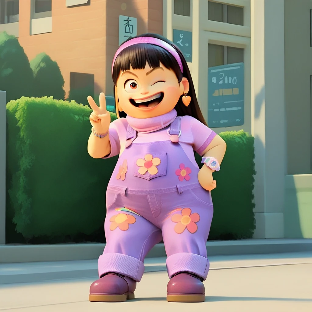 AbbyParkTR, 

1girl, solo, hairband, long hair, black hair, 

watch, earrings, buildings, overalls,

score_9, score_8_up, score_7_up ((best quality, masterpiece, hi res, perfect hands, perfect eyes, perfect skin, perfect foot)), 

outdoors, school, full body view, smiling, looking at viewer, 

 wink, open mouth, hand on hip, peace sign, nipples,