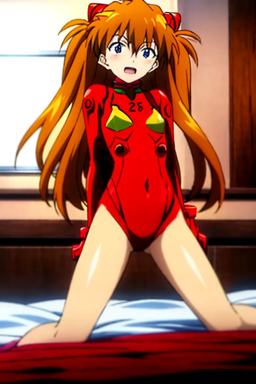 (( top quality )), ((masterpiece)), (be familiar with),  perfect face, indoor, bedroom,  Watching Viewers ,
One woman,  Soryu Asuka Langley,
 open mouth,  ecstatic expression beside the piano, blush, smile,
 small tits,  flat chest, Young girl, Lori,  s,  girl,
 long hair,  twin tails,
Leg spread,