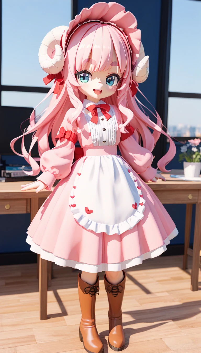 (masterpiece:1.2), UHD, textured skin, high details,  highres icon, best quality, 1woman, standing,  pink fluffy long hair:1.5, round sheep horn , Thick eyebrows:1.1, Bonnet over the head ,  pink flared long dress :1.1,  with sleeves spread wide , Long pleats ,  pleats are folded many times,  brown boots ,  smiling with her mouth open , Extend your hand straight to the side,  circling straight to the side, The hem of the skirt is turned over ,  softly flinching dress , One leg slightly raised, Inner thigh,  the leg line is sticking out on the skirt , whole body, 3D Style,  3d rendering ,  OC rendering ,  figure with a pedestal on the desk, Standing on one foot on the pedestal of a 