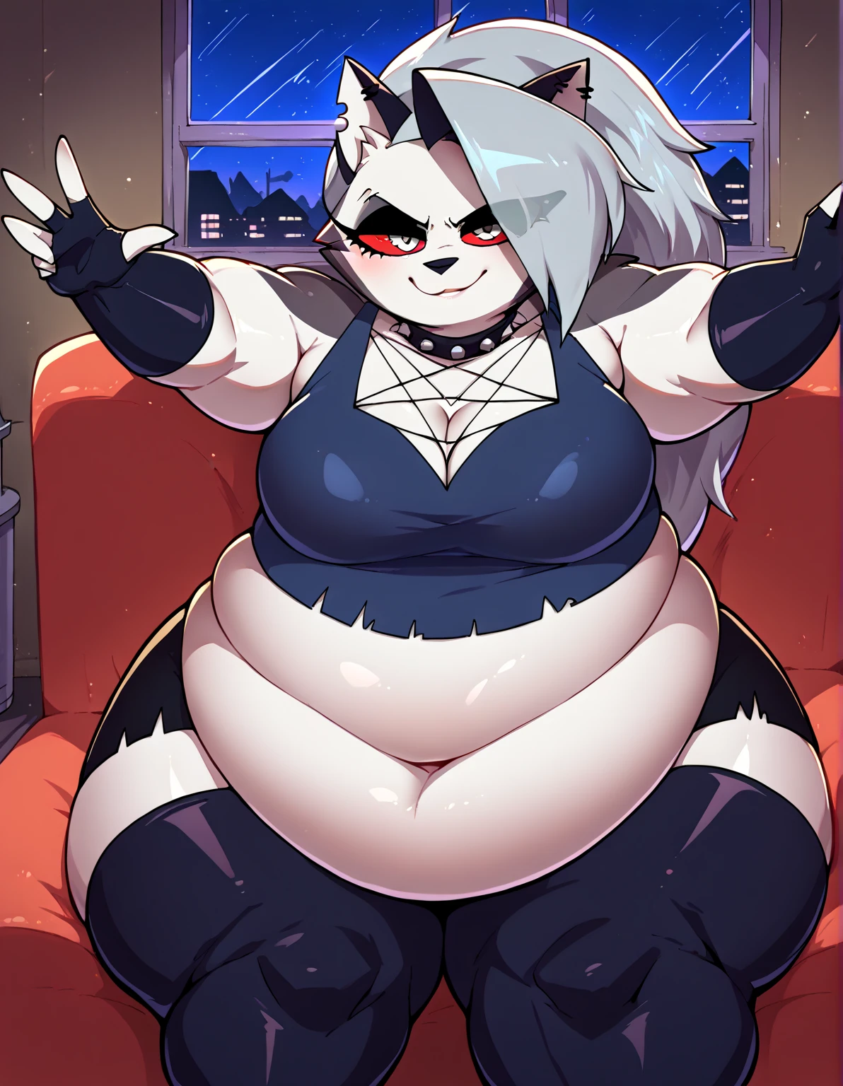 score_9,score_8_up,score_7_up, anime artwork, 2d, jizoku, Expressiveh, (source_anime), raytracing, rating_questionable, rating_safe, solo,1girl,mature female,milf,medium breasts,toned,furry,loona \(helluva boss\), indoors,apartment,living room,night,night sky, black miniskirt, obese, black thighhighs,studded collar,dark blue crop top,fingerless gloves, absurdres, cowboy shot,looking at viewer,cute,attractive, eye contact,sitting,on couch,spread arms,smug, . anime style,vibrant,studio anime,highly detailed