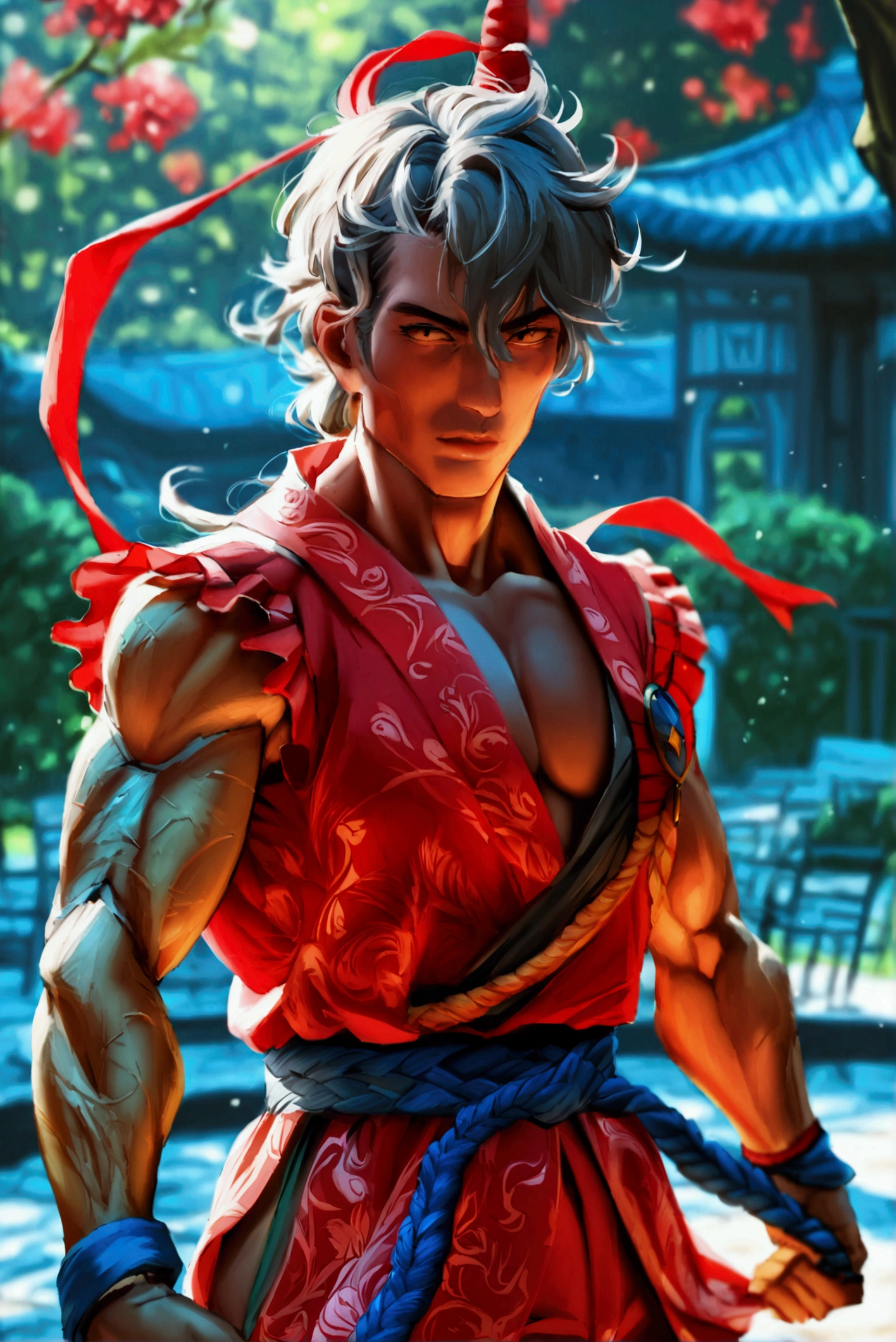 Ken Masters, rival et ami de Ryu, est immédiatement reconnaissable par son style flamboyant et son apparence plus audacieuse que celle de son homologue. Il porte un gi rouge vif, souvent sans manches, qui reflète sa personnalité fougueuse et son assurance. Contrairement au gi de Ryu, celui de Ken est généralement en meilleur état, témoignant de son style de vie plus aisé. Il est également attaché par une ceinture noire, marquant son niveau d’expertise en Ansatsuken.

Ken a une chevelure blonde mi-longue, souvent ébouriffée ou coiffée en arrière, soulignant son attitude confiante et charismatique. Ses cheveux contrastent fortement avec son bandeau rouge ou noir, qu’il porte parfois pour le combat. Son visage est anguleux avec des traits bien définis, et ses yeux bruns ou bleus (selon les versions) expriment une combativité mêlée à une certaine insouciance.

Son physique est athlétique et musclé, mais légèrement moins sec que celui de Ryu, reflétant une approche moins austère à l’entraînement. Ken complète son look avec des gants rouges similaires à ceux de Ryu, renforçant leur lien martial tout en mettant en avant leur rivalité.

Dans l’ensemble, Ken combine un style sophistiqué et flamboyant avec une apparence marquée par son héritage d’artiste martial, illustrant à la fois sa richesse, sa confiance, et son talent exceptionnel.