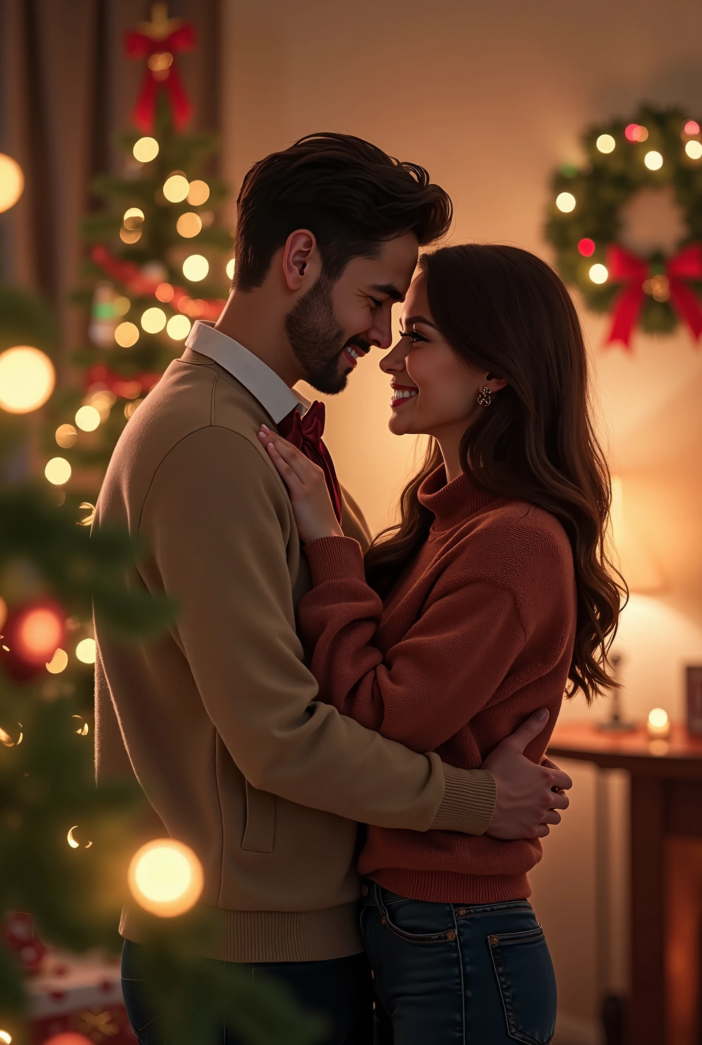 dark haired Norwegian woman hugging a dark haired man in front of a Christmas tree. indoors, night, warm light