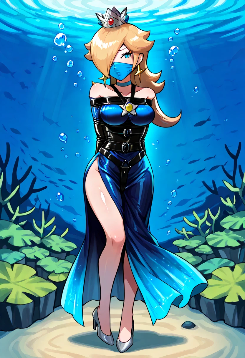 score_9, score_8_up, score_7_up, 1girl, Lora:Rosalina_XLPD:1,  (RslnSND, hair over one eye, crown, blue dress, bare shoulders, side slit, clothing cutout, choker, cleavage cutout, pelvic curtain, high heels, full body,  shiny dress, dark blue dress), wossarem style , smug, smug eyes, shiny skin, (full bodies in view) , perfect proportions, underwater, underwater drown. standing,  belt bondage, bound arms, (arms behind back: 1.4), , (armbinder: 1.4), (front view), belt  upper body shibari, free legs, free feet, Open legs.  G4G, mouth under mask,
, tight black cloth gag,
Expressive Cloth gag, (front view), complete body view, looking to the camera.