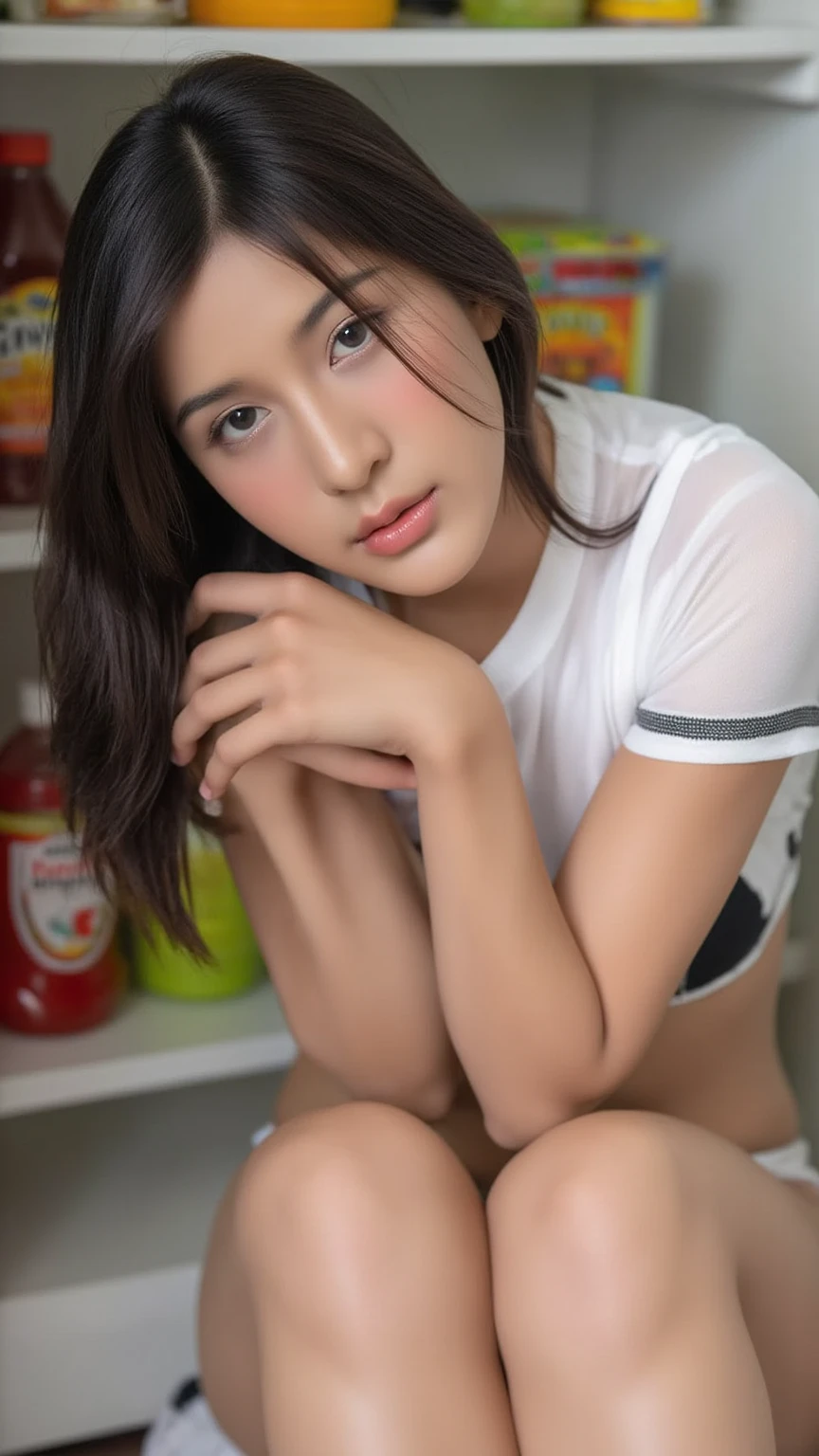 Model : MAGMIX FLUX IV
พร้อมท์ :
The quiet Asian woman sat on the floor, knees bent, surrounded by the contents of the open fridge, half her eyes, slightly parted lips as she plucked her eyes in satisfaction. A white T-shirt with a black stripe around the waist and a black white bikini bottom combined with the neutral tones of the kitchen. Lying on her shoulders, framing her calm face, clasping her hands together, fingers tangled together, echoing her relaxed demeanor, the contents of the fridge - orange juice, ketchup and condiments - create a colorful backdrop for this moment of quiet contemplation.
#AIBYPANYAPON # This image is Ai not a real image  #ThisimageisAInotreal