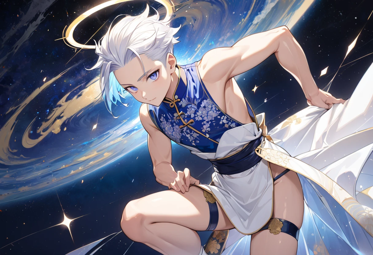 Fresh illustration,
Ultra-fine drawing,
Very delicate illustration,
Very fine details,
One boy,
Full body,
Height 158cm,
Fair skin,
Right eye is purple,
Left eye is blue,
Odd eyes,
Heterochromie iris,
Beautiful eyes,
Large black pupils,
Cleanly cut hairstyle,
Slicked back hairstyle,
Short hair,
Shiny hair,
Blue roots and white hair elsewhere,
Gradient hair,
Protruding forehead,
Cute face,
Pretty face,
Shiny halo on back of head,
Raised eyebrows,
Kimono upper body,
Japanese clothing upper body,
Masculine build,
Six pack,
Very small breasts,
No breasts,
Chinese dress lower body,
Black obi,
White clothes overall,
Tasteful embroidery with gold thread,
Clothes with high-quality texture ,
Jock strap,
Thigh strap,
Thigh strap digging into skin,
White long boots,
Japanese style toe,
Five fingers on hands and feet,
Thin waist,
Thin legs,
Isometric,
Golden ratio,
Divine atmosphere,
Wearing an indigo-colored stand-up collared inner,
Outer space,
Galaxy,
Countless small stars,
Tactical use of shadows,
Free pose,
Sexy pose,
Exposing skin,
Erotic pose,
Adult pose,
Lewd appearance,
Looking at camera,
Buttocks facing camera,
Pervert,
See-through clothes,
Masochistic pose