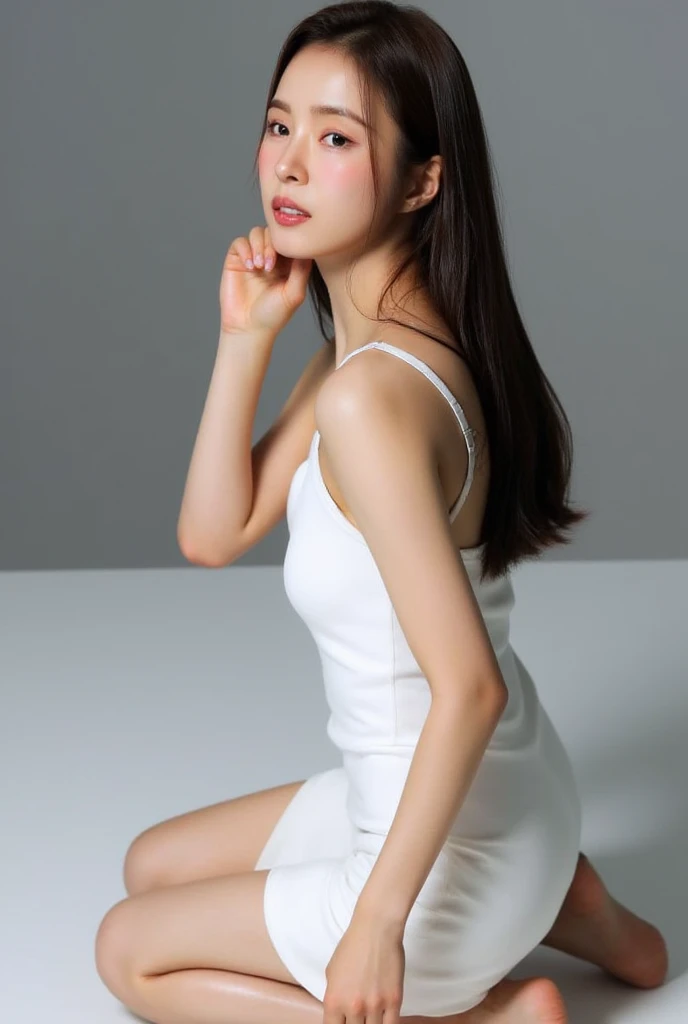 beautiful asian girl , wearing white sleeveless dress, short dress, gray background, overexposed, studio lighting, high quality, film grain, light reflections, blood vessels, pale skin, skin pores, blood vessels in sclera, detailed skin, beauty spots, skin fuzz, full body, (looking at viewer, kneeling), close up from above, close up face, dynamic angle, nsfw, sexy pose, having sex