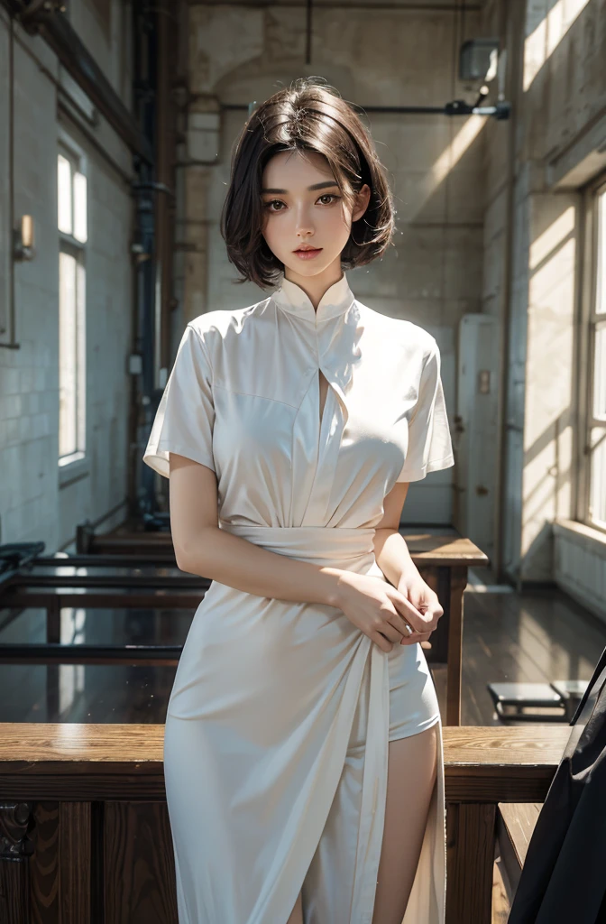 (masterpiece:1.3), (8k, photorealistic, RAW photo, best quality: 1.4), (1girl),Japanese, beautiful face, (realistic face), (black hair, short hair:1.3), beautiful hairstyle, realistic eyes, beautiful detailed eyes, (realistic skin), beautiful skin, absurdres, attractive, ultra high res, ultra realistic, highly detailed, golden ratio,nsfw,open clothes,Off-the-shoulder sheer nightie with matching garter belt,slender,