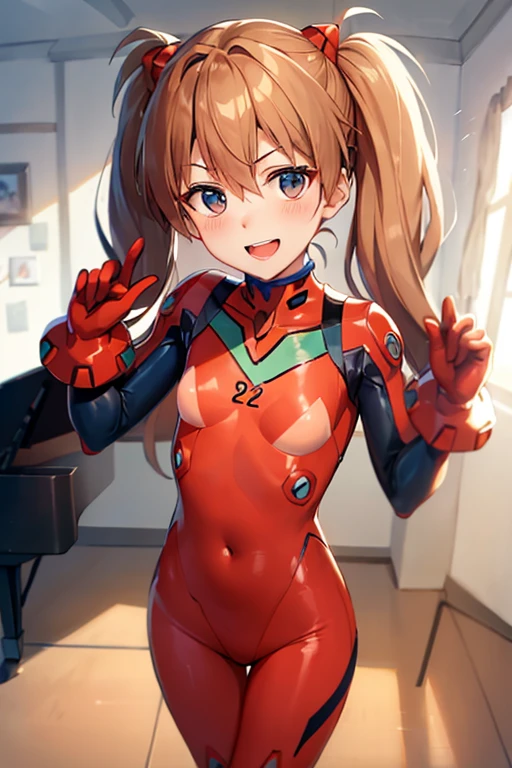 (( top quality )), ((masterpiece)), (be familiar with),  perfect face, indoor, bedroom,  Watching Viewers ,
One woman,  Soryu Asuka Langley,
 open mouth,  ecstatic expression beside the piano, blush, smile,
 small tits,  flat chest, Young girl, Lori,  s,  girl,
 long hair,  twin tails,
Leg spread,