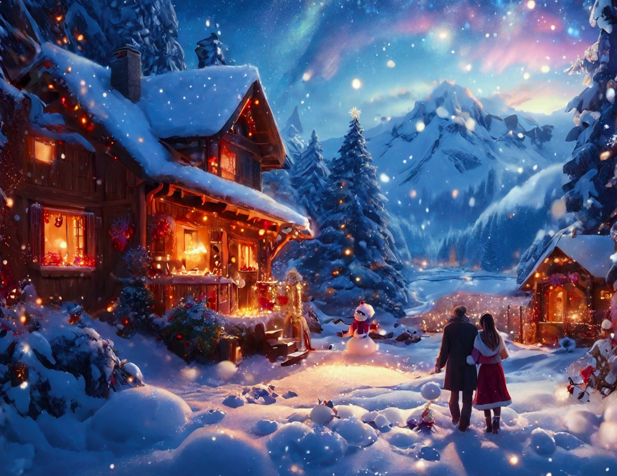 A Christmas in the mountains: a beautiful village at sunset; it is snowing lightly in the evening, a beautiful and warm sunset; a violet aurora borealis can be seen in the background; ren are playing with snowballs, and lying down in the snow; in one of the cabins a couple of lovers can be seen holding hands and sharing a cup of hot chocolate; masterpiece; spectacular image; fantasy image