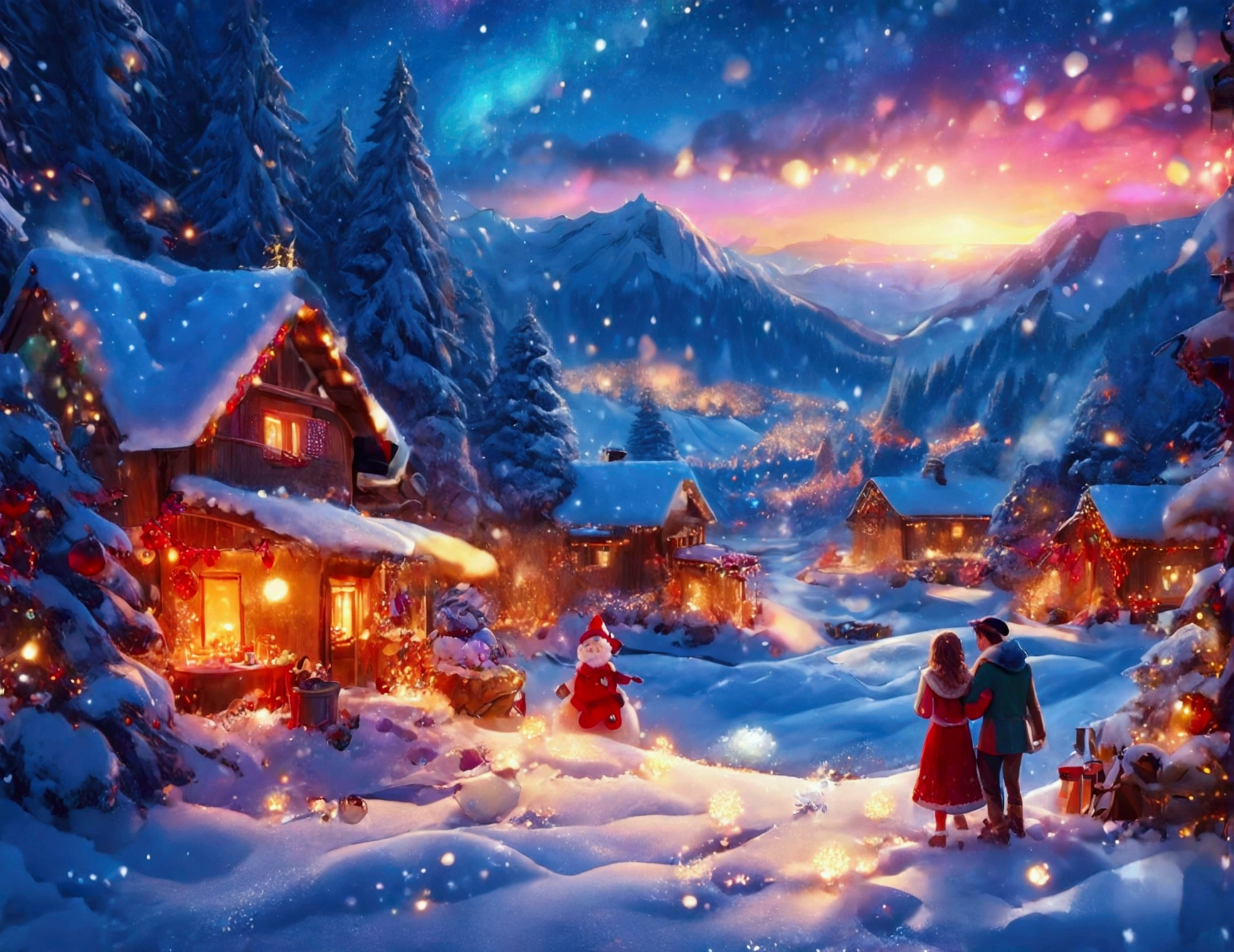 A Christmas in the mountains: a beautiful village at sunset; it is snowing lightly in the evening, a beautiful and warm sunset; a violet aurora borealis can be seen in the background; ren are playing with snowballs, and lying down in the snow; in one of the cabins a couple of lovers can be seen holding hands and sharing a cup of hot chocolate; masterpiece; spectacular image; fantasy image