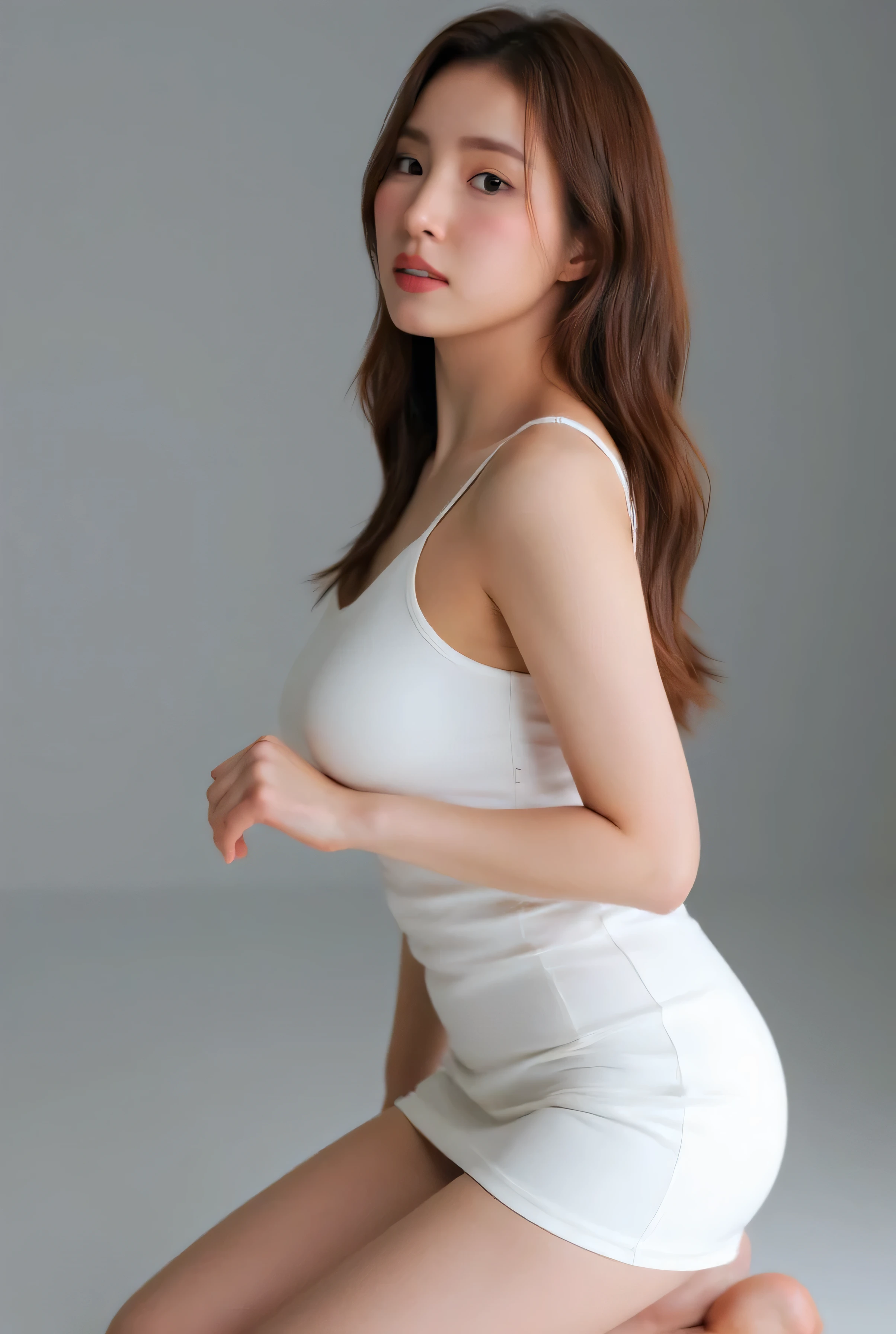 beautiful asian girl , wearing white sleeveless dress, short dress, gray background, overexposed, studio lighting, high quality, film grain, light reflections, blood vessels, pale skin, skin pores, blood vessels in sclera, detailed skin, beauty spots, skin fuzz, full body, (looking at viewer, kneeling), close up from above, close up face, dynamic angle, nsfw, sexy pose, having sex